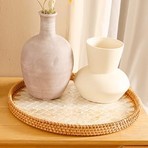 Round Rattan Tray with Mother of Pearl Inlay & Wooden Base - Decorative Wicker Serving Tray for Coffee/Bread/Fruits, Food Storage & Display - Multipurpose Home Decor (M,Fish Scales)