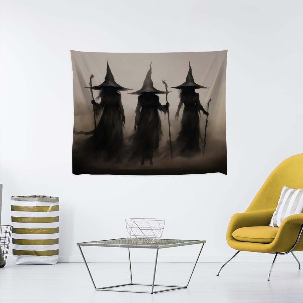 Witch Tapestry Witchy Halloween Decor Vintage Three Witches Bedroom Tapestries Retro Art Aesthetic Wall Tapestry for Bedroom Dorm Living Room white