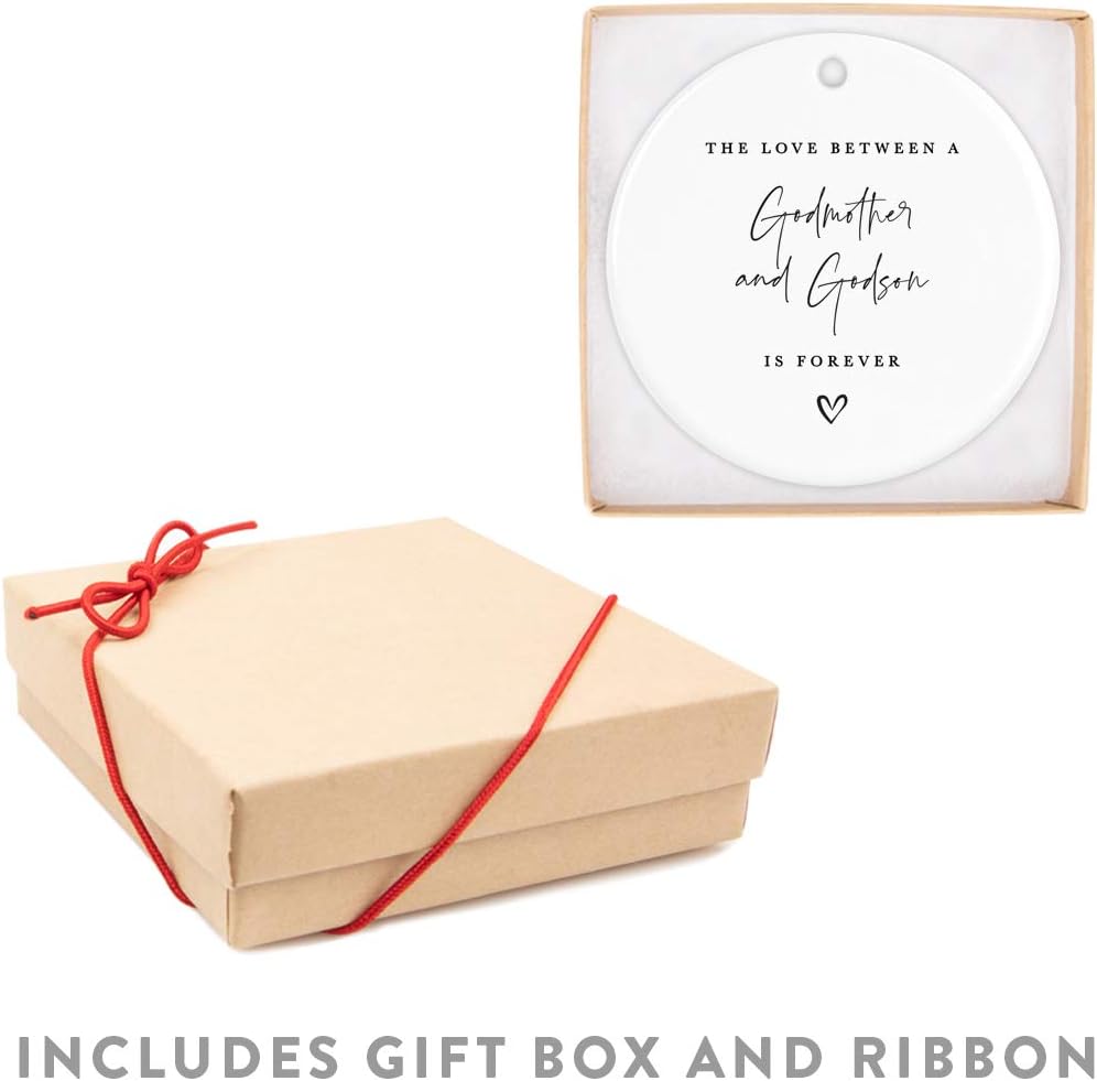 Andaz Press Round Ceramic Porcelain Christmas Tree Ornament Keepsake Collectible Godmother Gift, The Love Between A Godmother And Godson Is Forever, 1-Pack Godmother Ornament 2025 Godson Ornament 2025