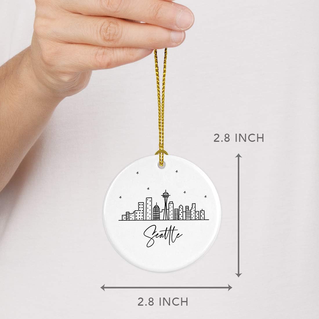 Andaz Press Round Ceramic Porcelain Christmas Tree Ornament Keepsake, Seattle Black and White Stars City Skyline Graphic, 1-Pack, Birthday Gift Ideas Family Coworker Him Her, Includes Gift Box