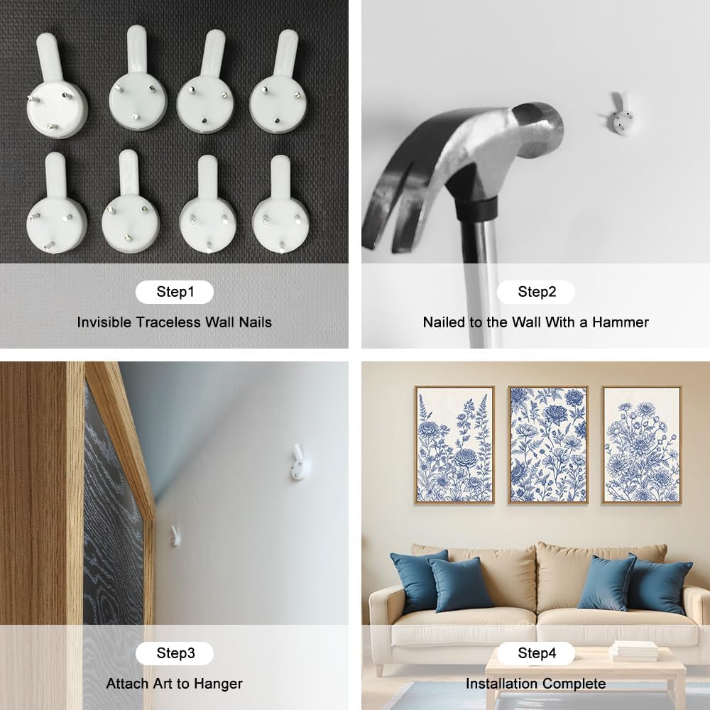 Classic Chinoiserie Floral Framed Canvas Wall Art Set, Blue and White Flower Wall Decor, Navy Watercolor Wall Painting, Minimalist Wildflower Art Print for Living Room, Bedroom - 16"x24"×3