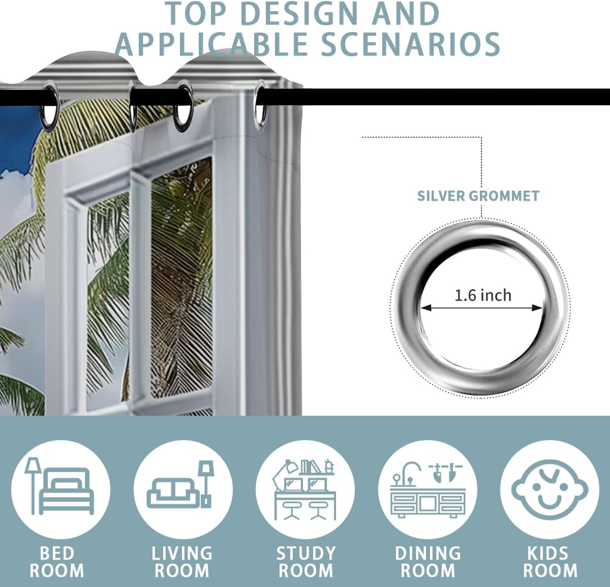 Beach Blackout Curtains for Girls Boys Teens Home Decor, Tropical Summer Scene Ocean Island Palm Tree Grommet Thermal Insulated Drapes Darkening Window Curtain for Bedroom Living Room, 63 x 63 Inch