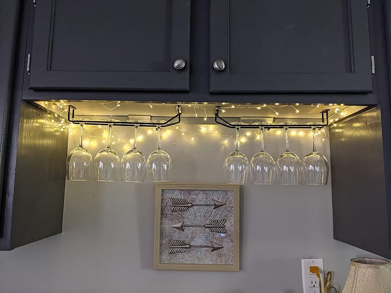 14-Inch Black Wine Glass Rack, Under Cabinet Wine Glass Holder, Stemware Rack, Hanging Stemware Holder, Set of 2