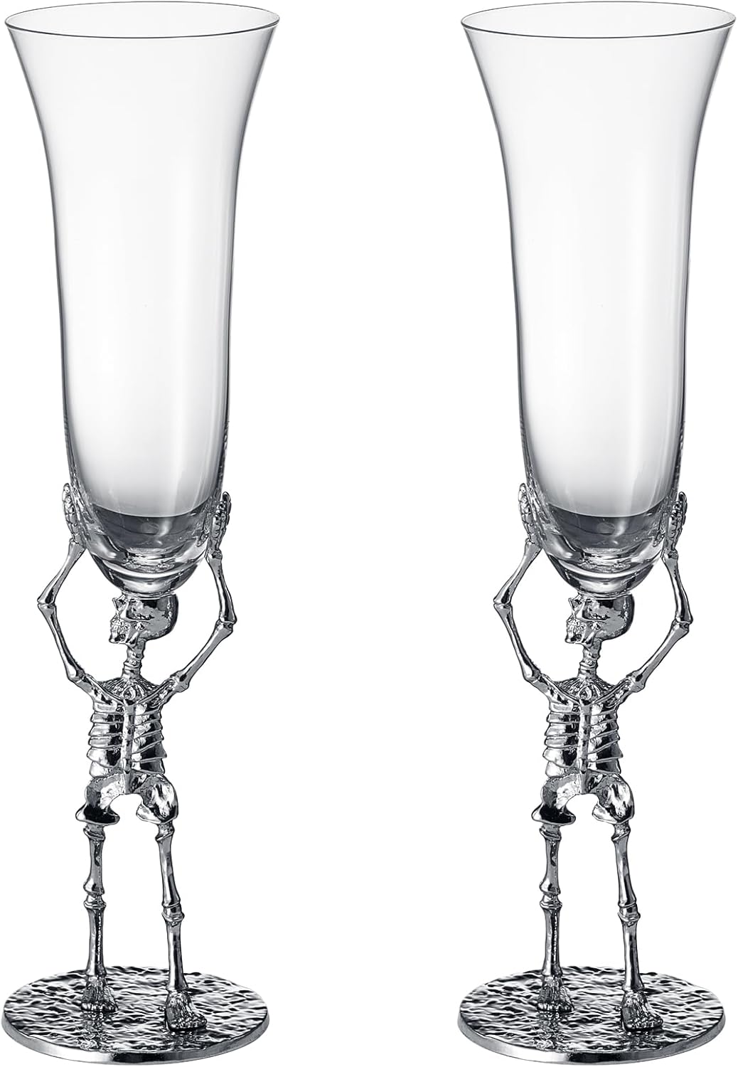 Stemmed Skeleton Champagne Flute Glasses Set of 2 | Gothic Halloween Drinkware | 7.5oz 10" Tall Skeleton Goblets for Haunted Parties, Spooky Wine Glass Set, Gothic Skeleton Decor & Unique Gift Idea