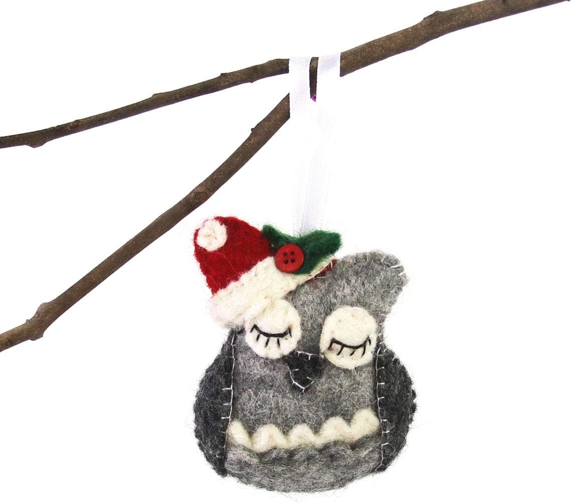 Hand Crafted Wool Felt Christmas or Winter Ornaments from Nepal, Owl Forrest Animal (GLG60036-01)