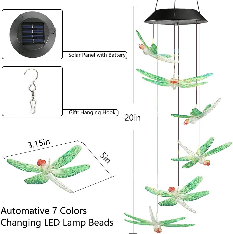 Toodour Solar Wind Chimes Outdoor, Color Changing Solar Lights Dragonfly, Gifts for Mom Grandma, Waterproof Decorative Mobile Light, Gardening Gift for Garden,Patio, Window, Yard, Outdoor Decor