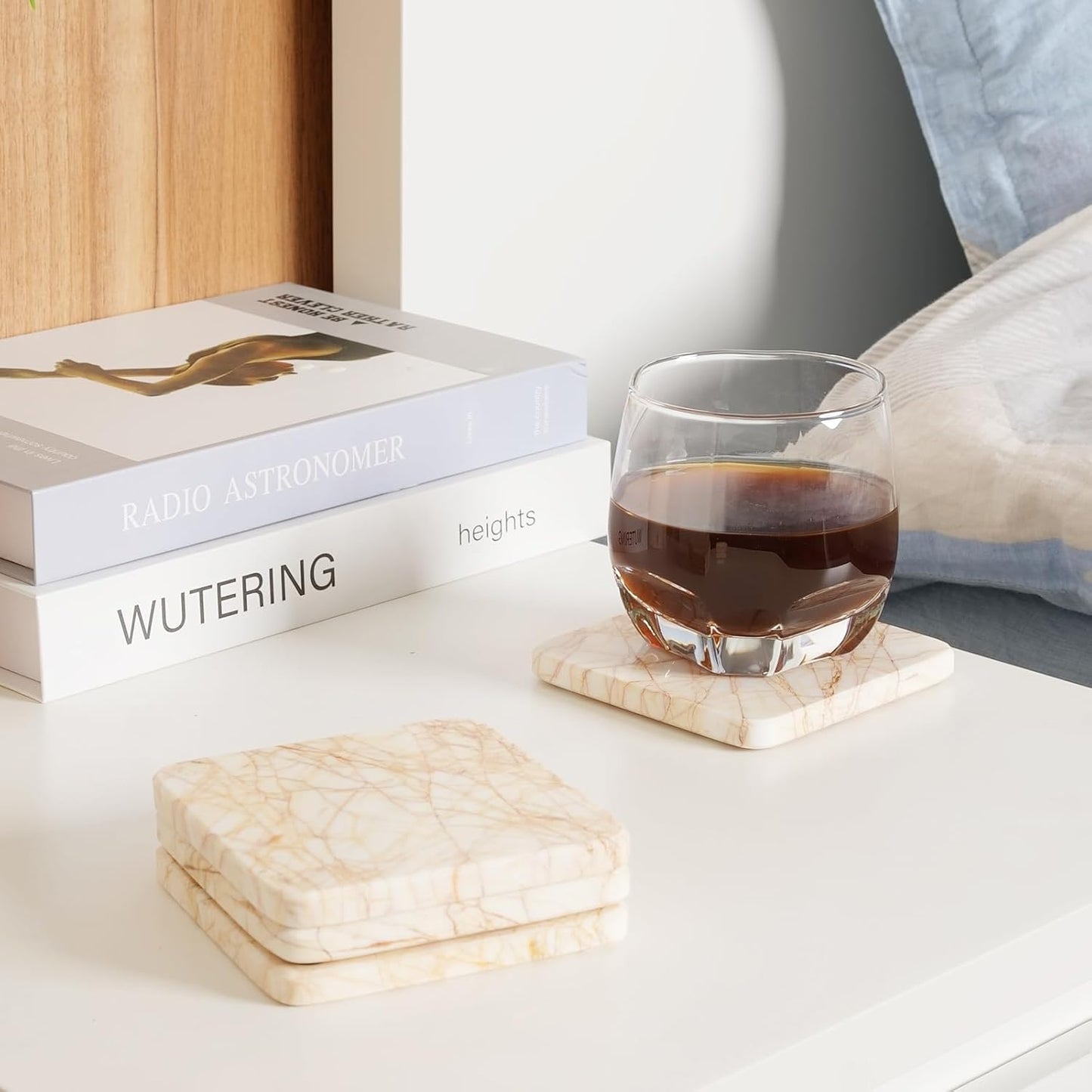 BCS Square Marble Coasters Set of 6 with Holder - Modern Stone Drink Coasters for Tables, Durable Cup Mats for Coffee, Wine, Beer - Elegant Home & Bar Decor Present