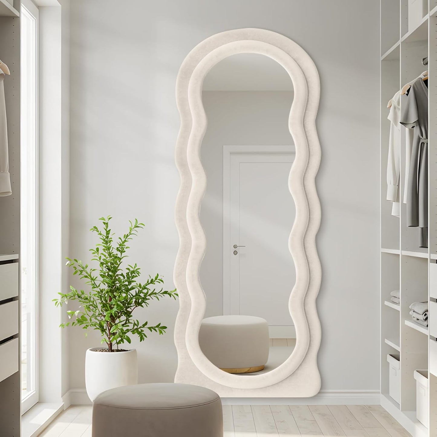 Full Length Mirror 63"x24" Arched Wavy Full Body Wall Mounted Floor Mirror with Stand Ivory Flannel Frame Leaning Hanging Wall Mirror for Bedroom Entrance