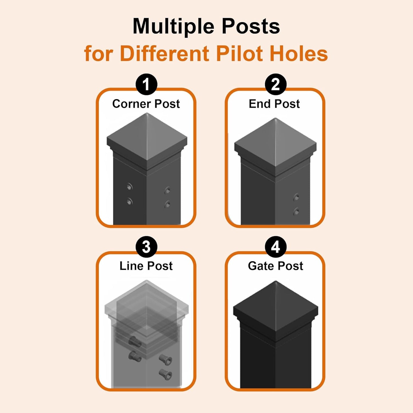 Line Post for Yard, Garden, Commercial Fencing – Steel, 2"x2"x78",Black DIY Pre-Drilled Holes on Opposite Sides, Built-in Rivet Nuts, Soil Installation (1pc)