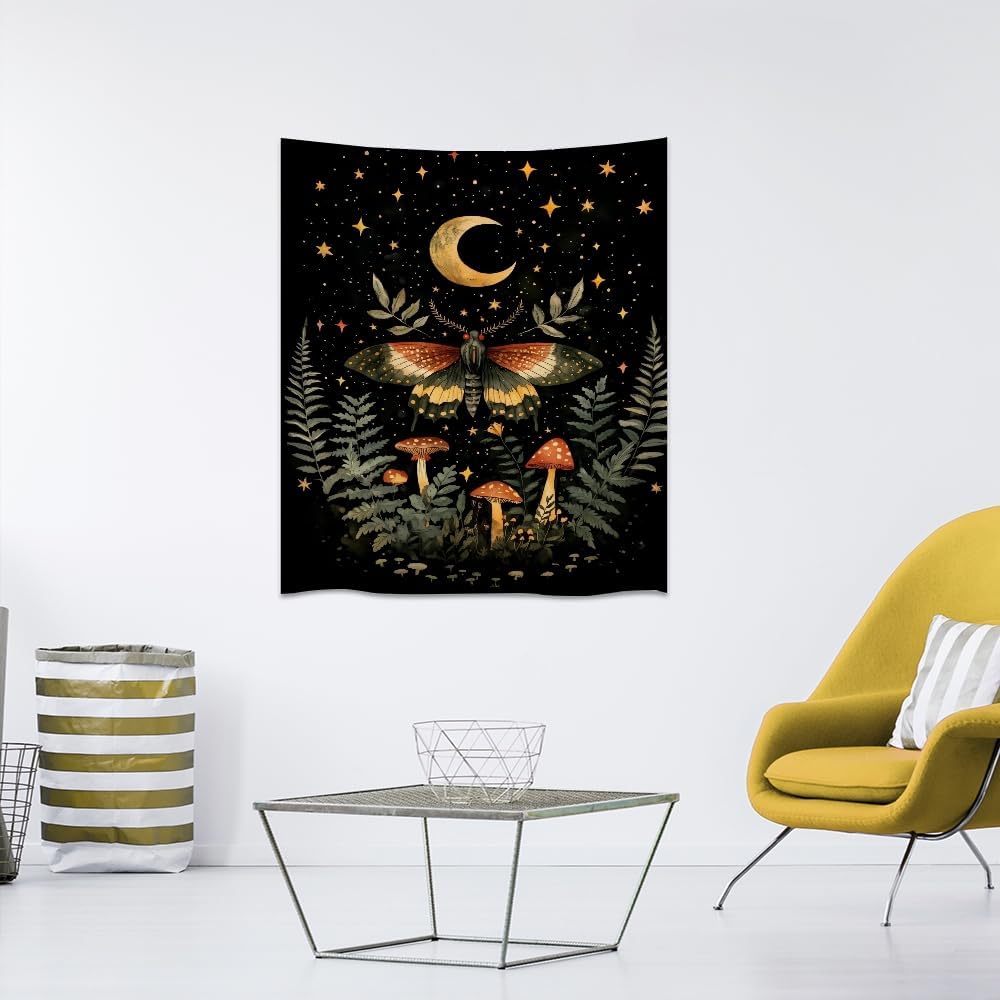 Mystical Moth Mushroom Tapestry Dark Academia Aesthetic Wall Hanging Decor Moon Star Witchy Print Butterfly Enchanted Forest Tapestries for Home Bedroom Living Room Office Decor 70x90inch