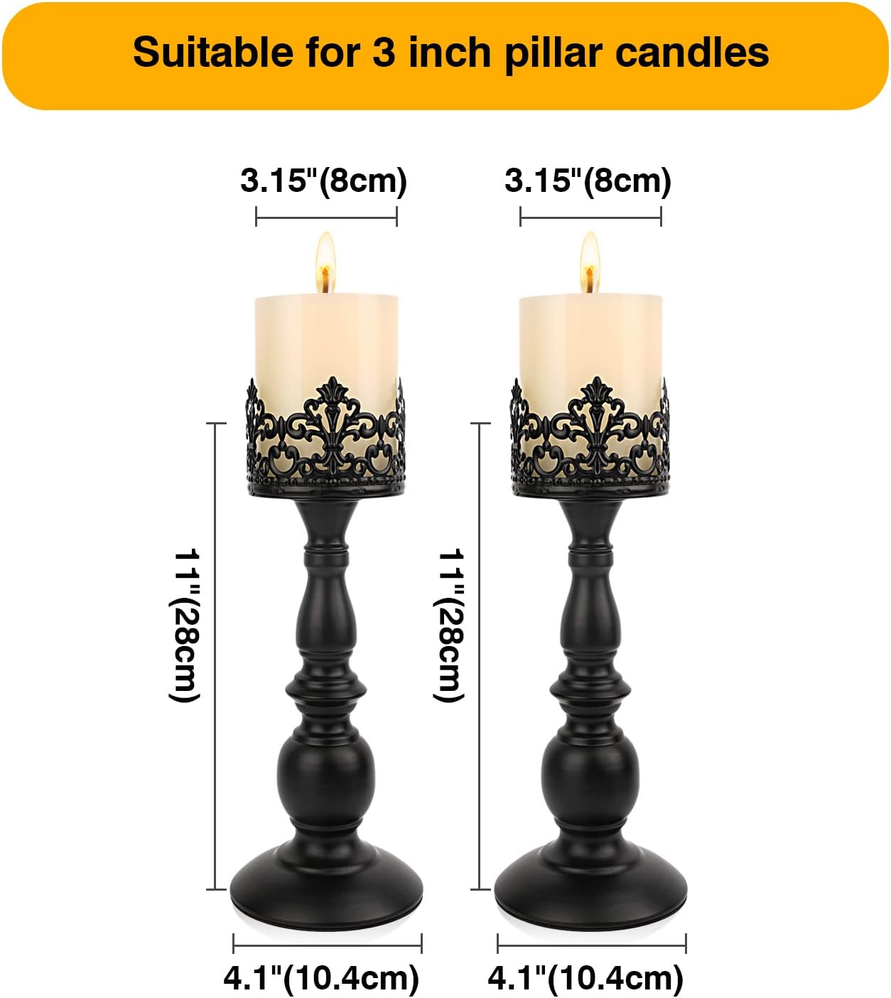 Candle Holders for Pillar Candles Gothic Matte Black Vintage Tall Candle Holders Set of 2 Decorative Large Table Centerpieces Candle Stand Decor (Black 2PCS A)