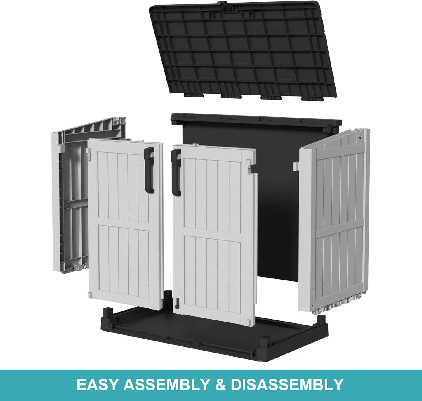 Vixzen 233 Gallon Larger Outdoor Deck Box,Lockable Resin Waterproof Storage Box,UV Resistant,Weather Resistance,Outside Storage Bin for Gardening Tools,Pool Supplies, Black and White