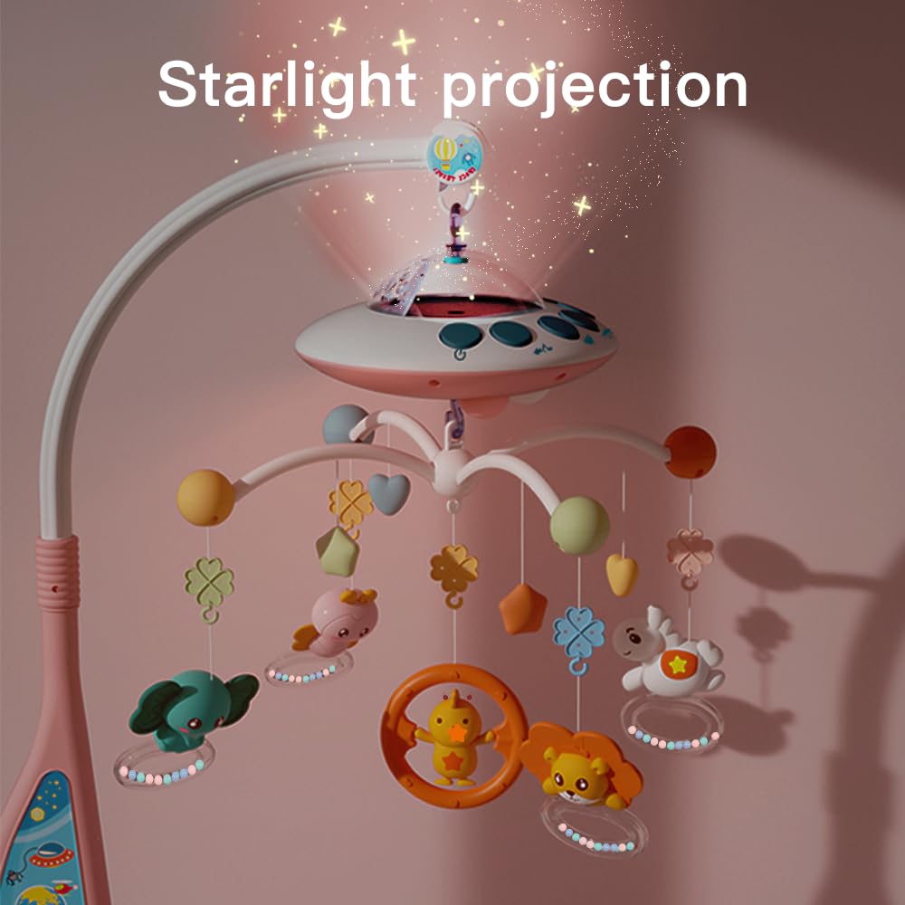 Eners Crib Mobile Music Box, Baby Mobile Spinner with Lights, Rotation, Moon and Star Projection, Crib Toys Attachments for Boys Girls (Music Box Pink)