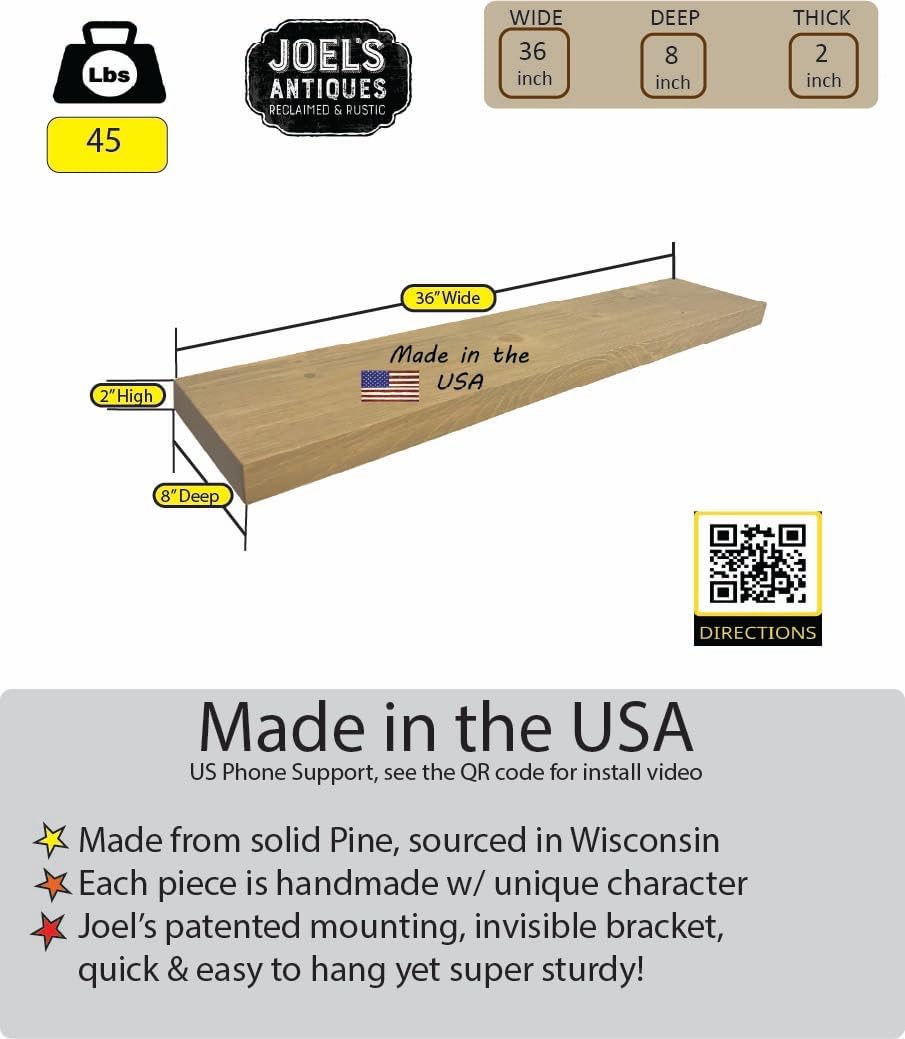 joelsantiques - 36 Inch Wooden Floating Shelves for Wall - 36x8x2 in - Made of Natural Wood - Heavy Duty Rustic Wall Shelves for Bedroom - Perfect for Living Room, Kitchen - Natural