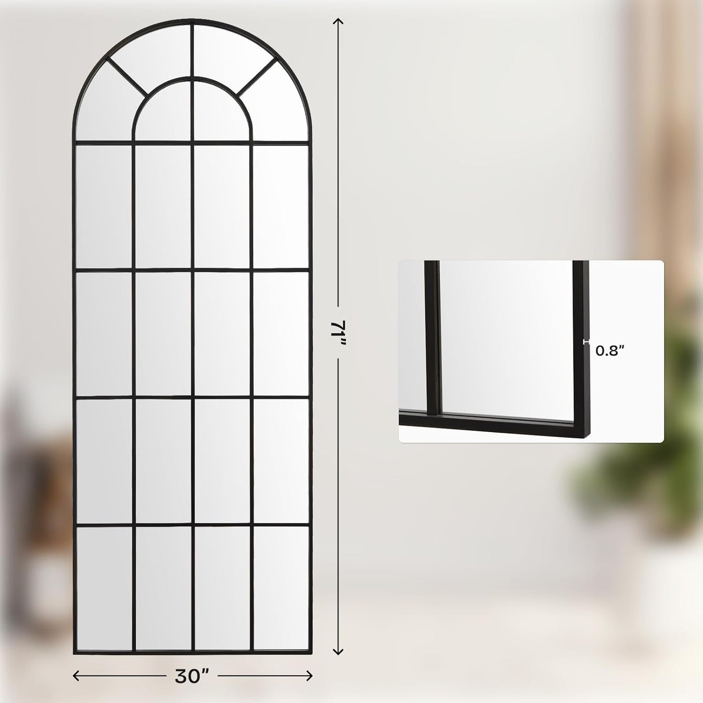 Arched Windowpane Mirror Full Length 71"x30" Wall Mounted Black Art Pane Farmhouse Decorative Floor Mirror Leaning Hanging Wall Mirror for Bedroom Living Room Entrance