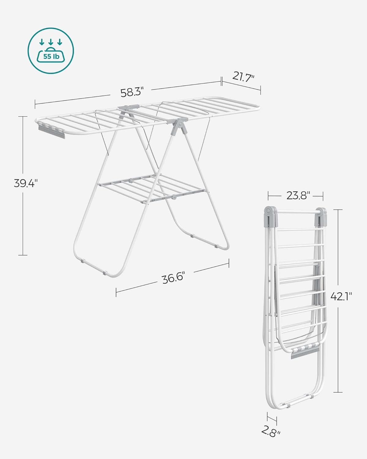 SONGMICS Clothes Drying Rack, with Sock Clips, Metal Laundry Rack, Foldable, Space-Saving, Free-Standing Airer, with 2 Height-Adjustable Gullwings, Indoor Outdoor Use, White and Gray ULLR052W02