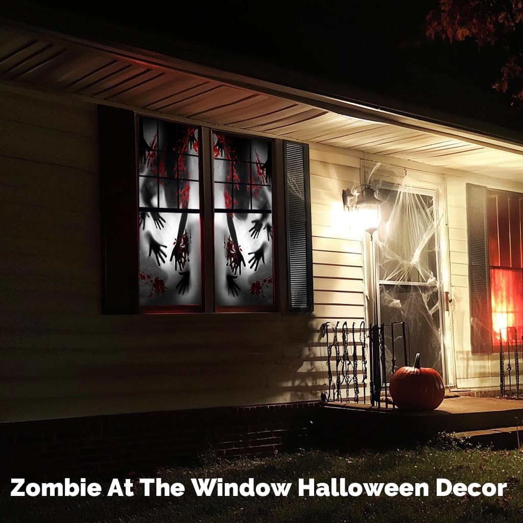 Rypyp 2PCS Halloween Decorations Indoor Window Clings, Large Window/Door Covers(59x30in)- Scary Zombie with Bloody Handprints at The Window, Halloween Haunted House Party Décor, Garage Door Cover