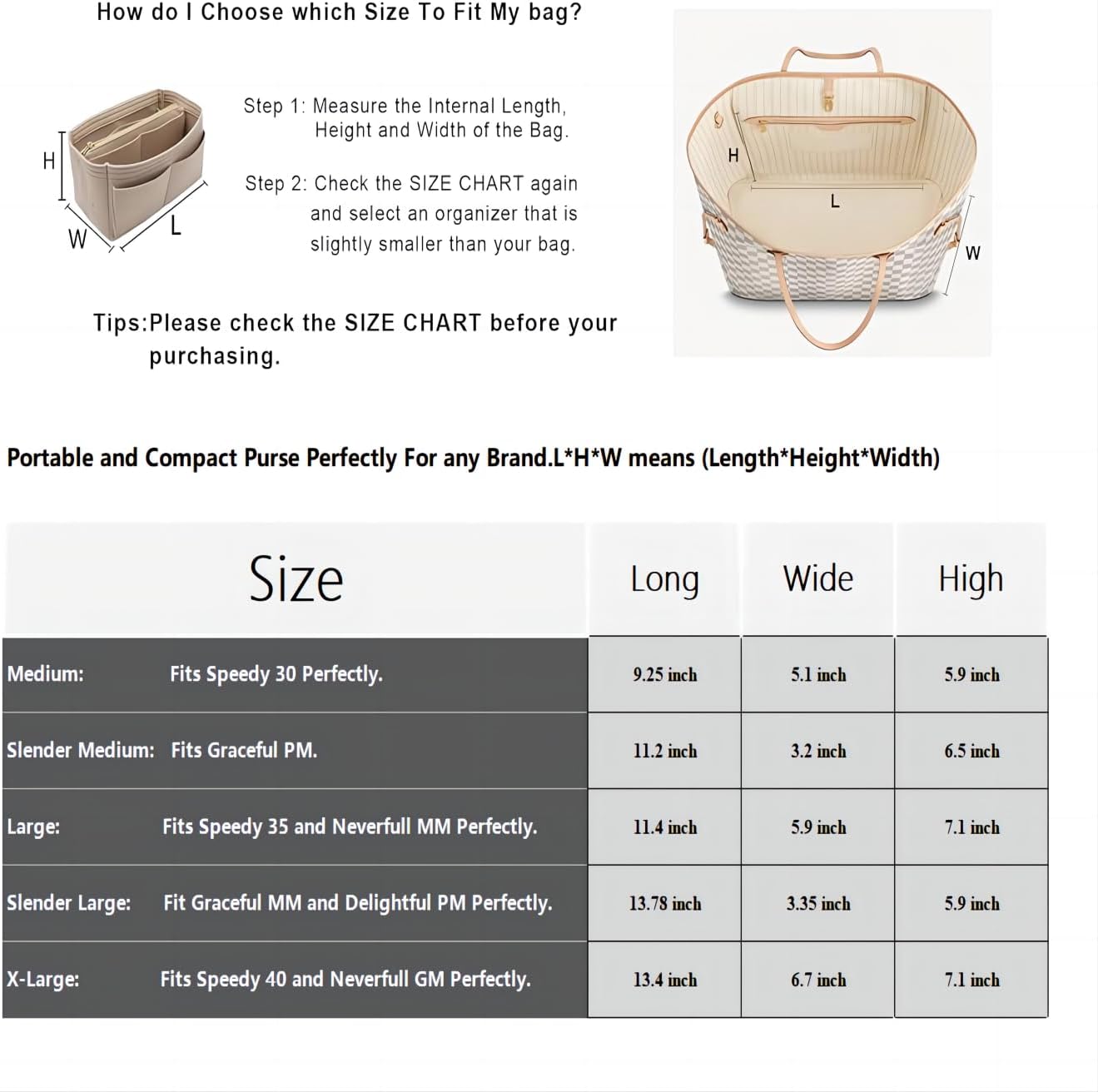 LEXSION Felt Purse Bag Organizer Insert with zipper Bag Tote Shaper Fit Speedy Neverful PM MM