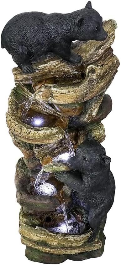 39.3 Inch 5 Tier Outdoor Garden Water Fountain Bears Climbing Tree Resin Fountain with LED Lights for Garden Patio Folding Patio Deck (Brown)