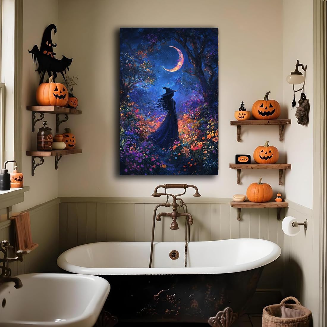 Vintage Halloween Witch Decor Mystic Gothic Wall Art Poster,Enchanting Witch Fall Whimsical Wildflowers Woodland Forest Crescent Moon Picture Art,Creepy Witchy Home Decor,8"x12" Framed