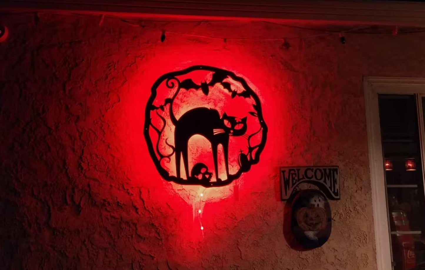 RealSteel Halloween Cat Wreath, 18" Steel, Cottage, Rustic Style, Orange, Wall Decor, Front Door, Living Room, Porch, Haunted House