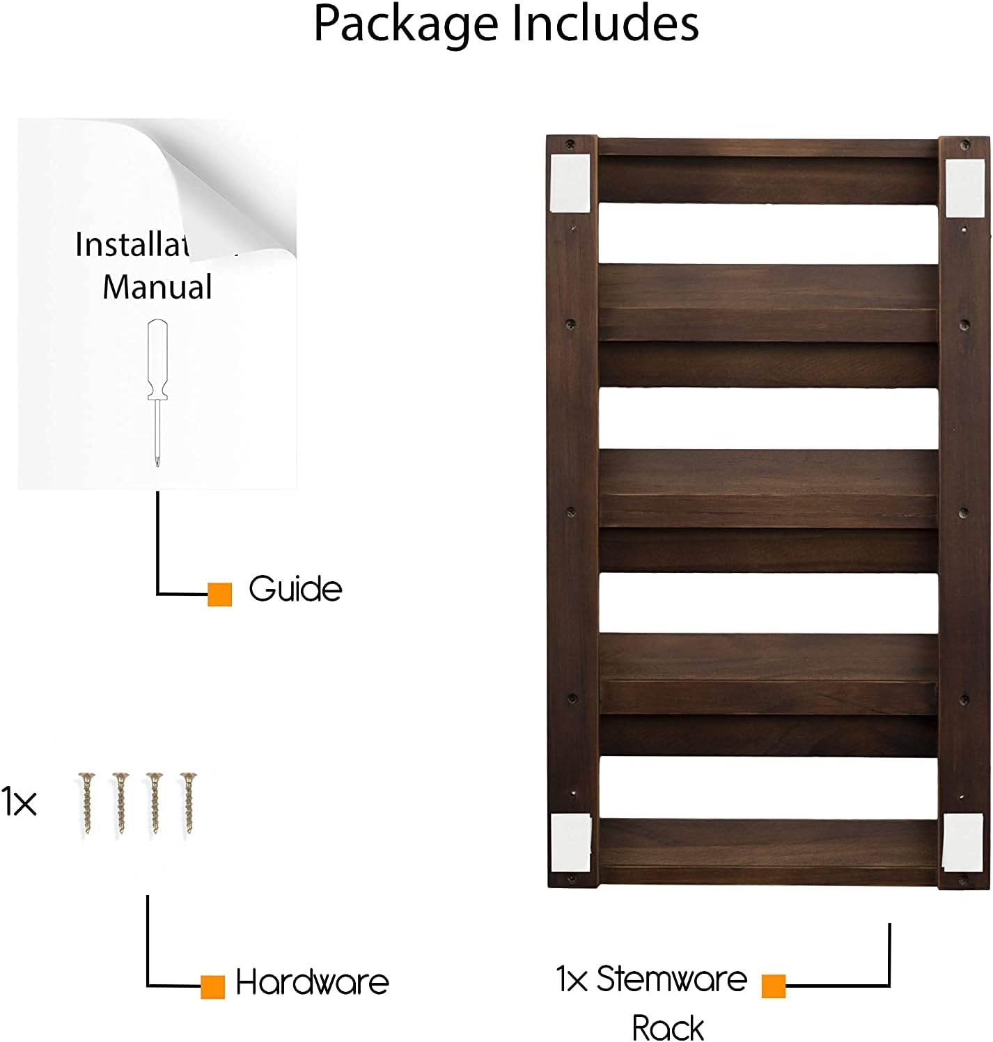 Rustic State Eze 4 Sectional Wood Under Cabinet Wine Glass Holder Wine Glass Rack Hanging Shelf Stemware Bar Organizer - 12 Wine Glass Storage - 10 Inch Deep - Chestnut Stained