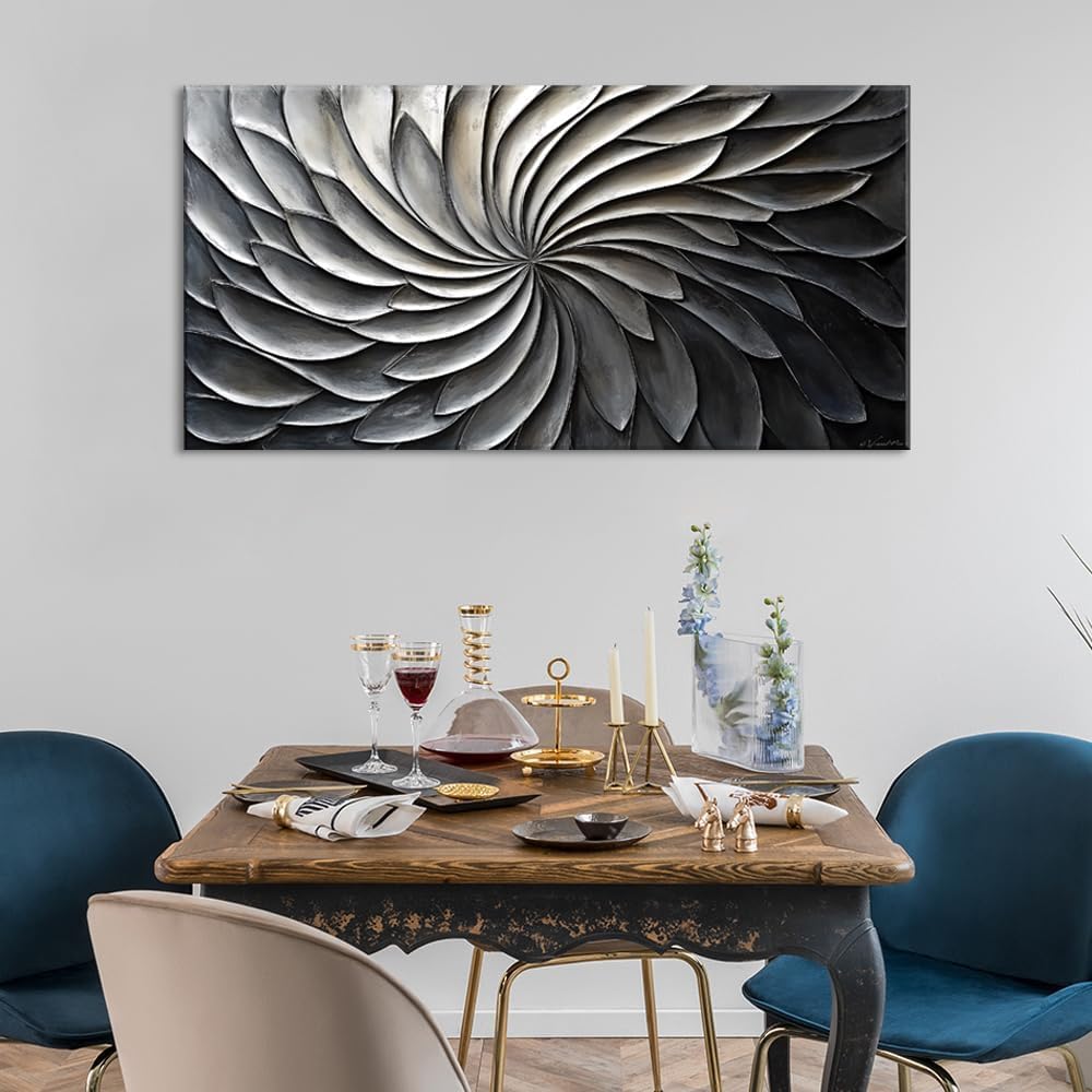 LASMOND Abstract Black and White Wall Art for Living Room Modern Canvas Print Painting Lines Flower Floral Large Artwork Bedroom Home Office Wall Décor (46x23 Inches)