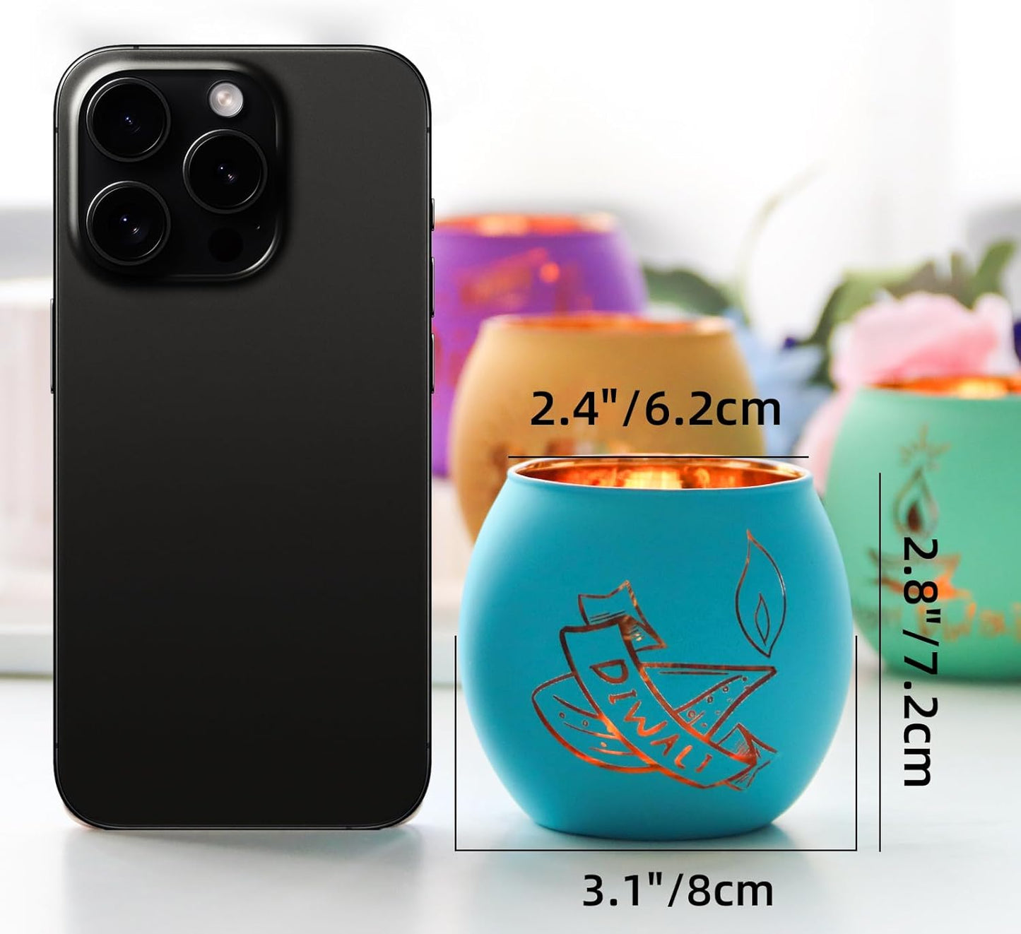 SHMILMH Diwali Gifts 6 PCS Happy Diwali Decorations for Home, Colorful Glass Tealight Votive Candle Holder for Party, Table Centerpiece Deco