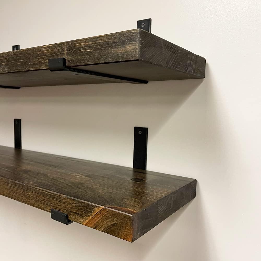 Rustic Shelves with J-Brackets Set of 2, Industrial Shelf, Kitchen Shelves, Solid Wood, Decorative Wall Storage, Heavy Duty, URBANDI (Dark Brown, 24Wx12D)