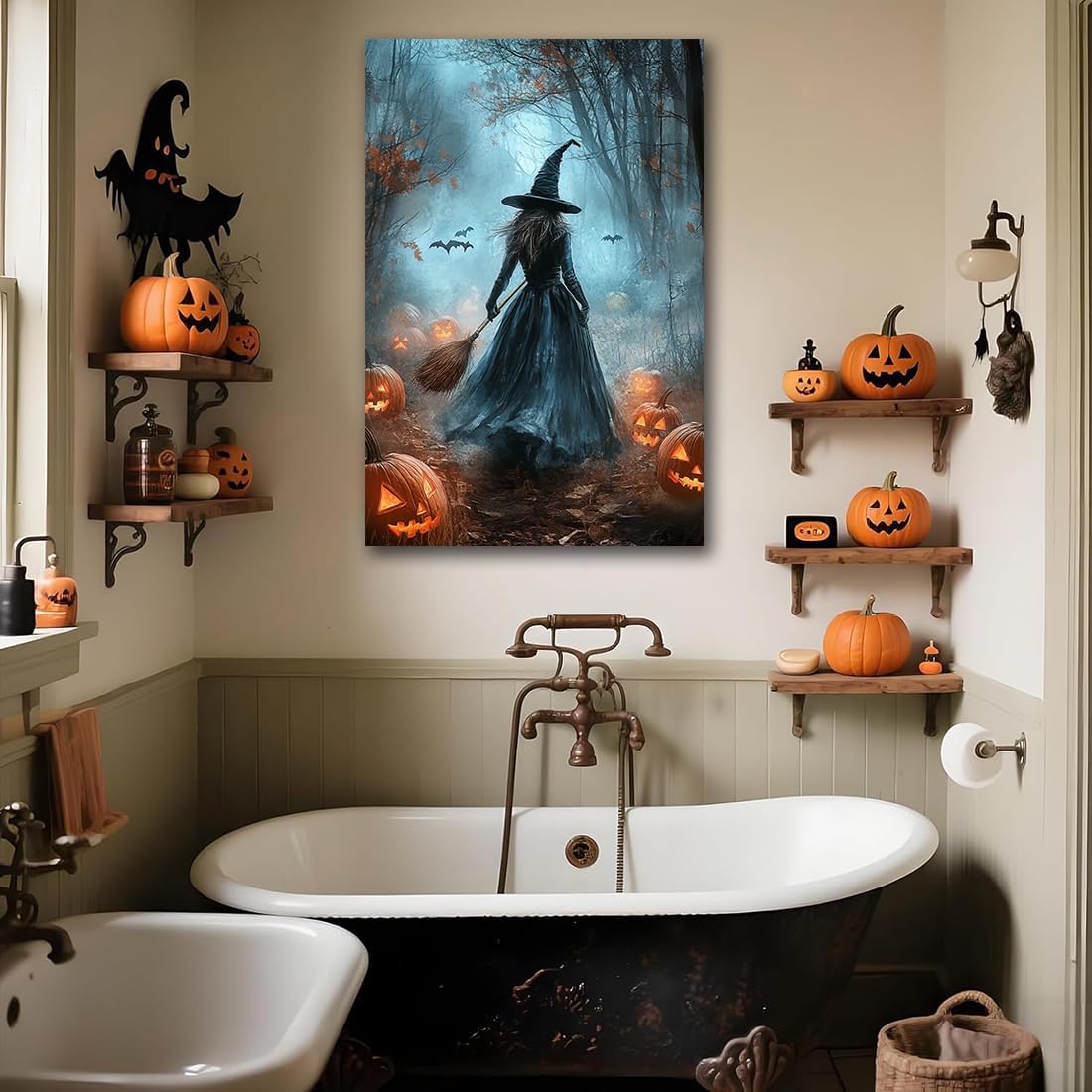 Vintage Moody Halloween Witch Artwork Wall Decor,Spooky Halloween Gothic Canvas Artwork Creepy Horror Witch with A Broom Pumpkin Bats Rustic Forest Picture,Dark Academia Poster,24"x36" Framed