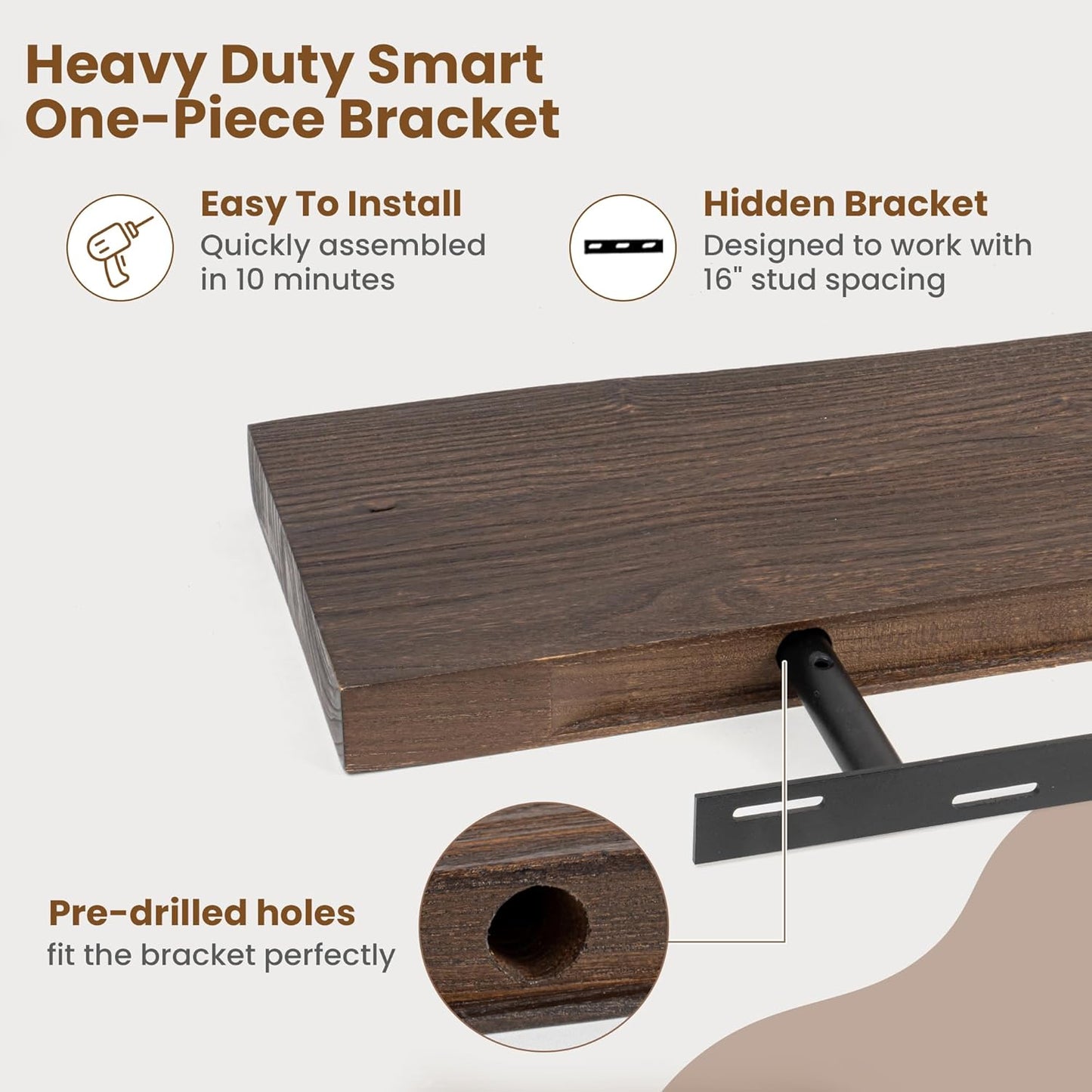 Floating Shelves for Wall Decor, Rustic Solid Elm Wood Floating Shelves Wall Mounted, Wall Shelves with Invisible Bracket for Living Room Bathroom Bedroom Kitchen, 48 Inch, Walnut