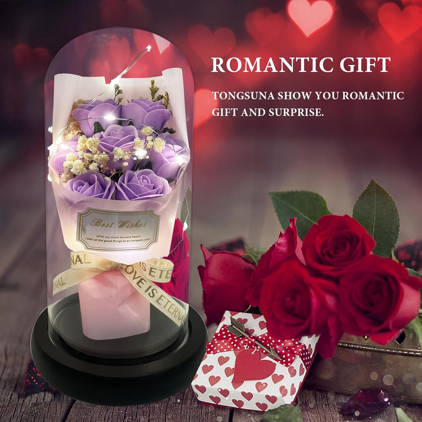 Gift for Her Forever Flower Bouquet for Delivery Prime Preserved Purple Roses Glass Dome LED Light 100 Languages I LOVE YOU Necklace Mothers Day Birthday Romantic Valentines Gift for Wife Women Mom