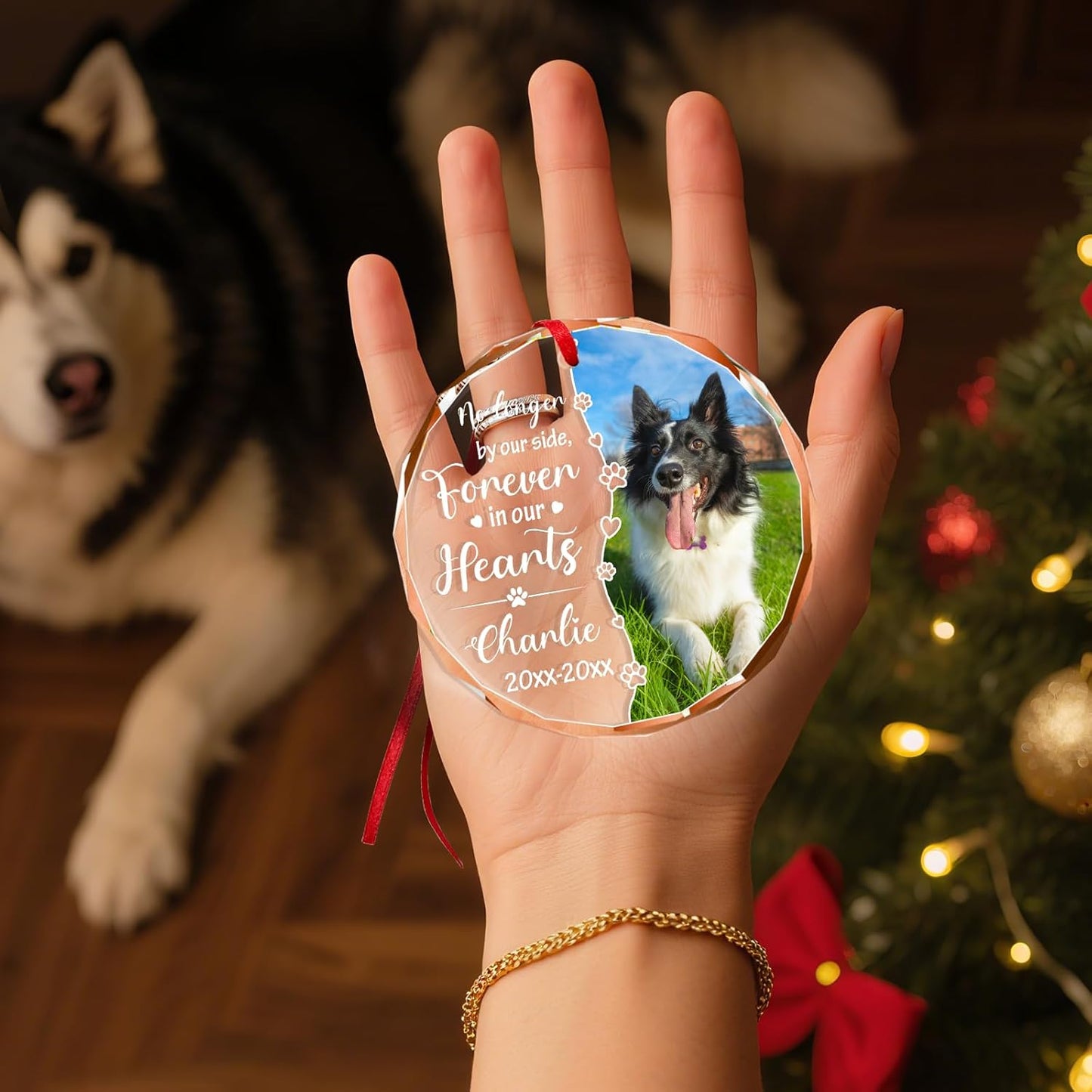 Personalized Memorial Pet Glass Ornament - Custom Picture Christmas Ornaments, Dog Forever in Our Hearts Hanging Ornament Xmas Tree Decor for Dog Lovers