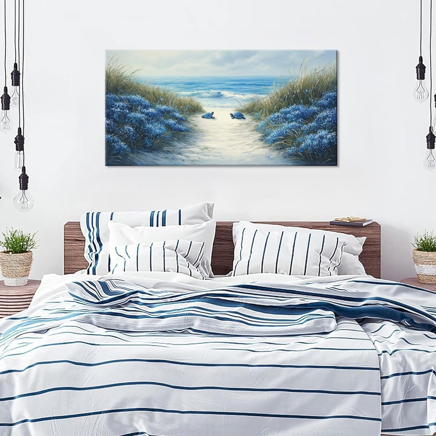 LASMOND Romantic Beach Wall Art for Living Room Blue Sea Turtle Lovers Canvas Painting Prints Ocean Sandy Romance Flowers Large Bedroom Office Decor Artwork (30x16 Inches)