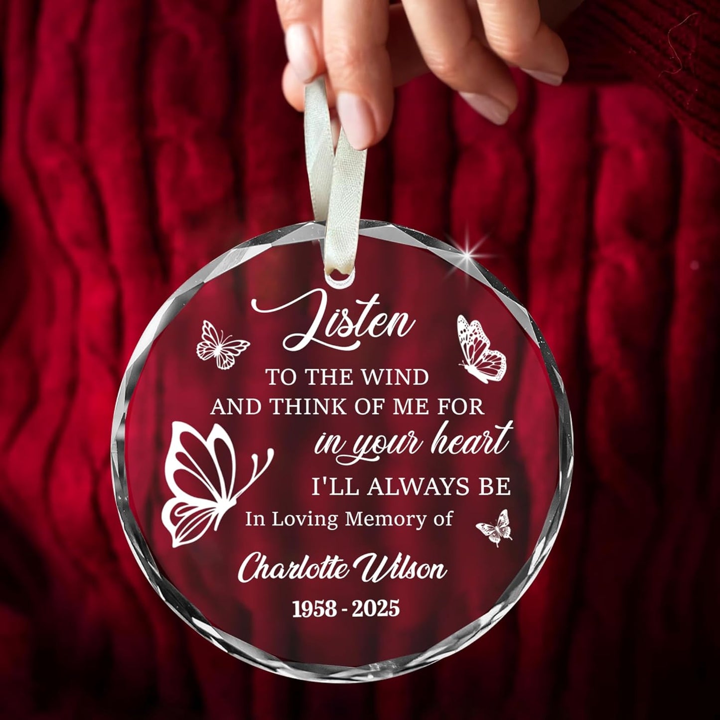 Personalized Memorial Christmas Ornament β Custom Angel Heaven Ornament for Loss of Loved One β Listen to The Wind Glass Sun Catcher β Family Remembrance Gift for in Loving Memory