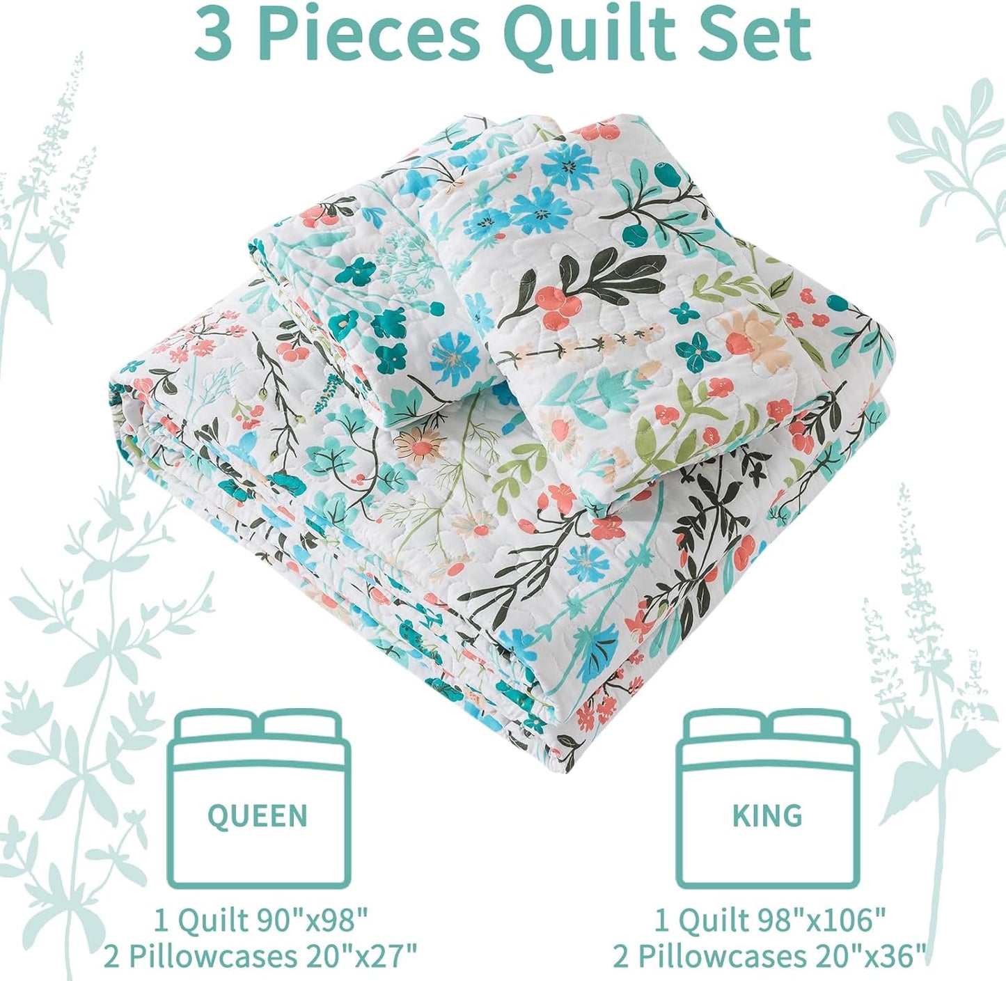 VAPUTAR King Size Quilt-3 Pieces Botanical Bedspread King Size (98 x 106 inch), Lightweight Coverlet Set with Garden Style Floral Pattern,Oversized Quilted Bedding Set with Shams for All Season