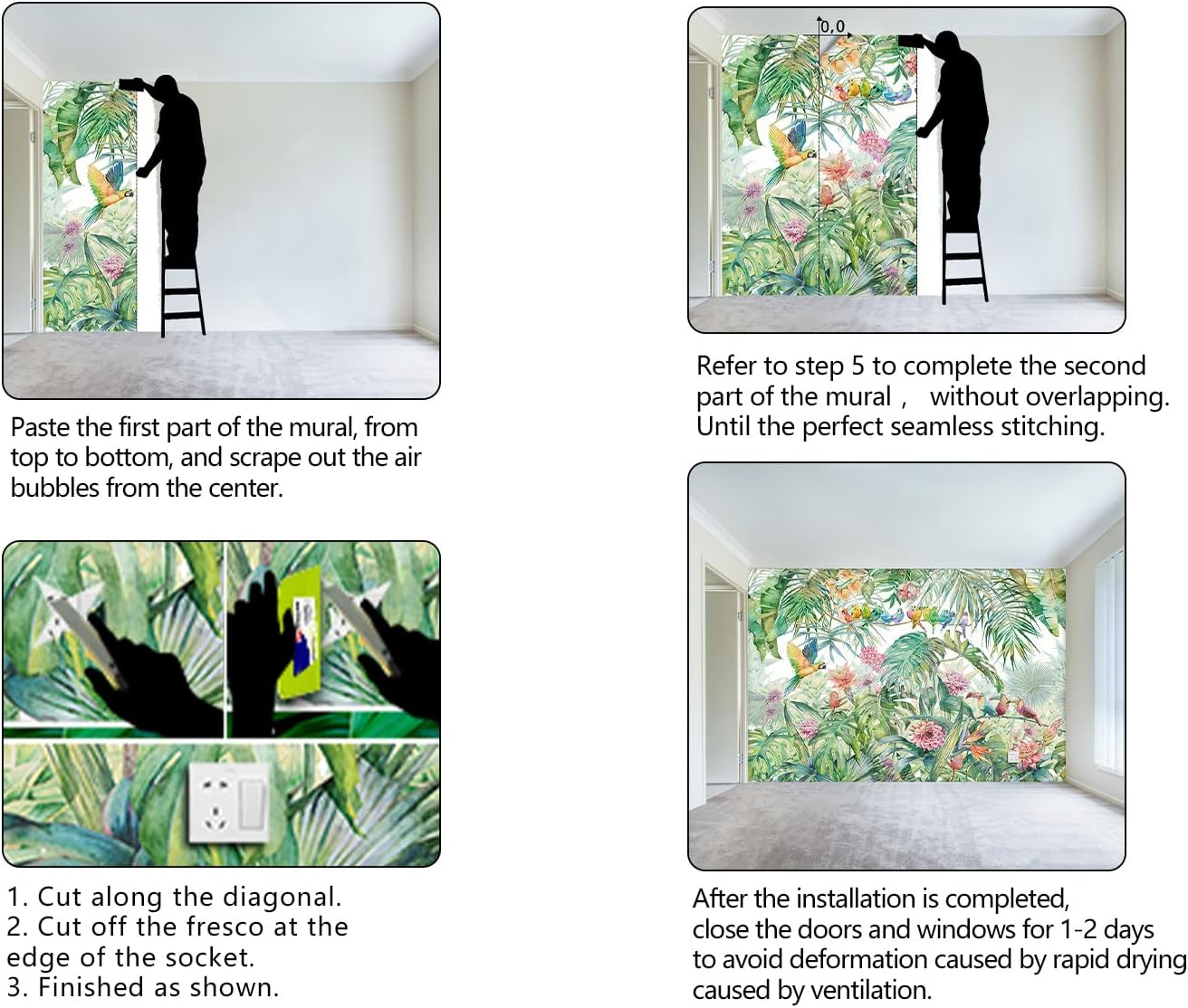 Tropical Green Botanical Flower Birds Leaf Wallpaper Bedroom Plant Floral Mural Room Decor Living Room tv Background Large Wall Mural - 137"x96" (Not Peel and Stick)