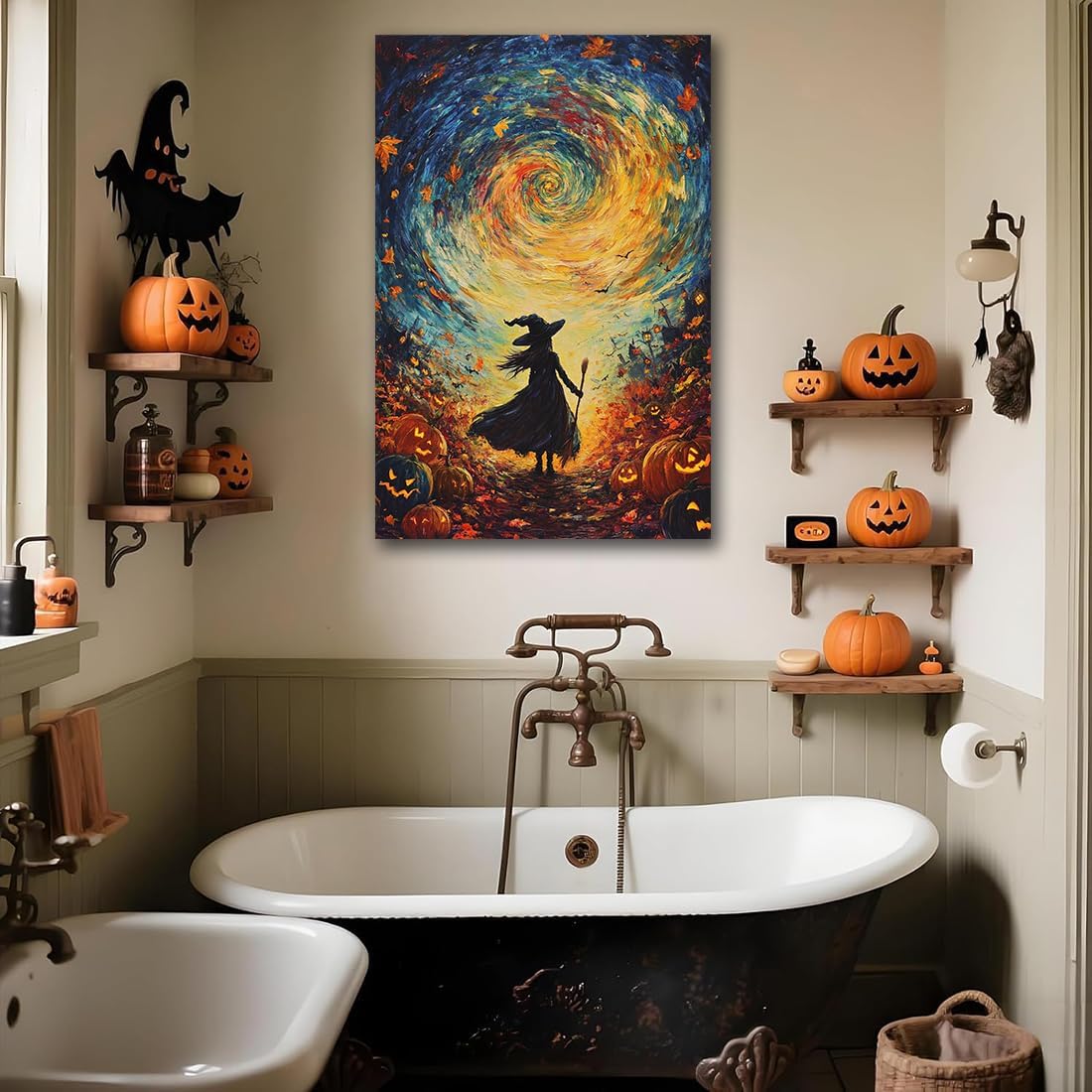 Halloween Autumn Witchy Decor Wall Art Prints,Gothic Witch in Whirlwind Autumn with Pumpkins Scene Pictures Poster,Fall Festival Home Decor Painting Canvas Poster for Bedroom Bathroom,8"x12" Framed