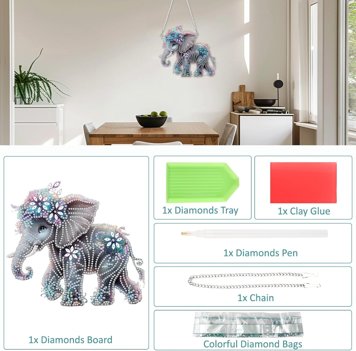 SENQAO Elephant Diamond Art Hanging Kit for Adult, Special Shaped Rhinestone, Double Sided DIY Acrylic Diamond Art Painting Window Pendants Home Garden Wall Hanging Kits Hanging Ornament