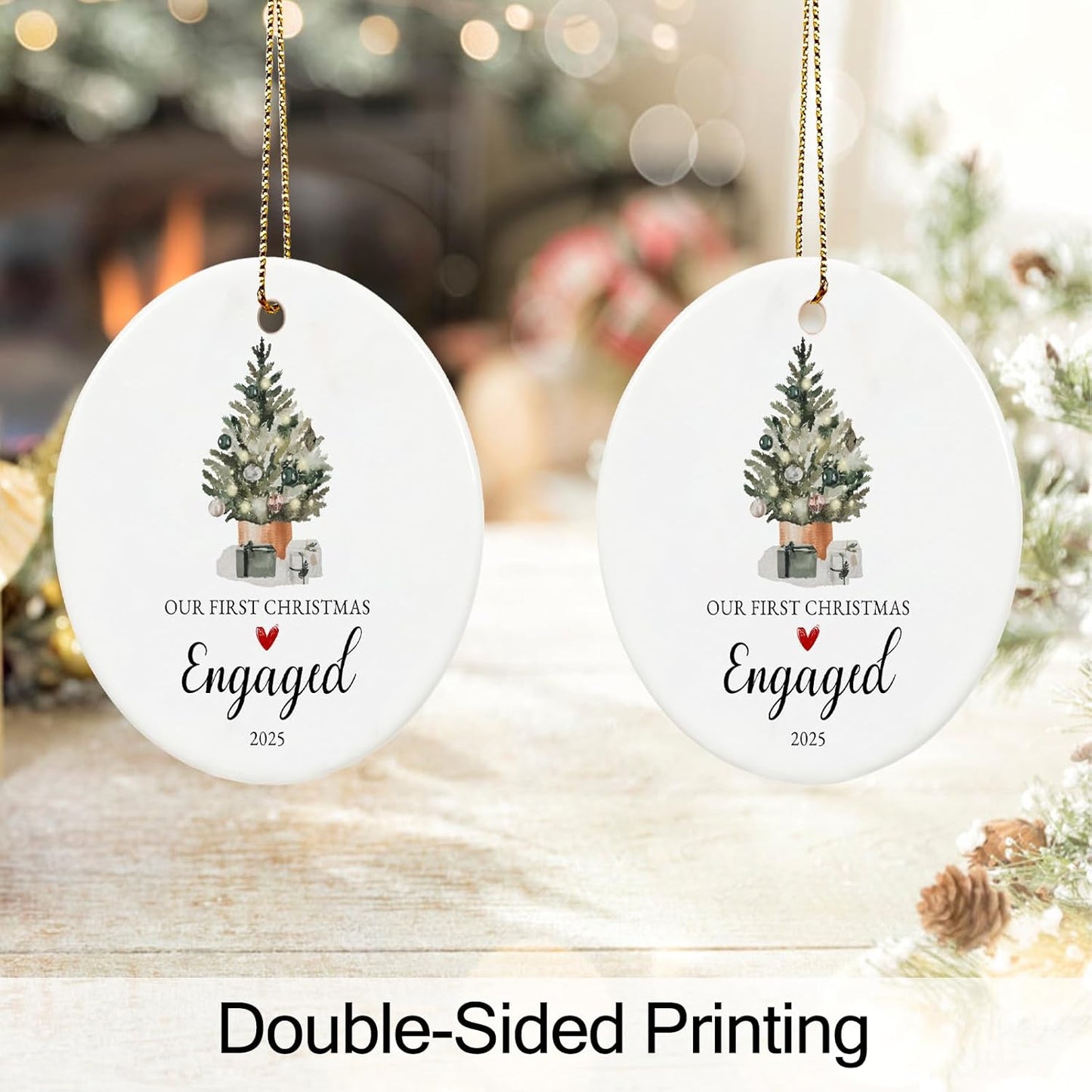 Our First Christmas Engaged Ornament 2025,Just Engaged Gifts for Couple, Ceramic Keepsake Engagement Ornaments 2025 with Ribbon and Gift Box