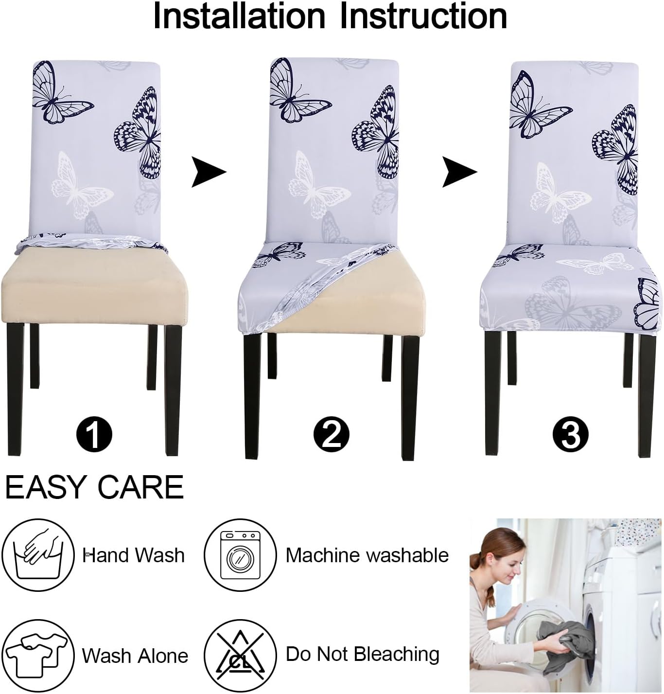 JQinHome Pattern Chair Covers for Dining Room Set of 6, High Stretch Removable Washable Parsons Chair Slipcover for Home Party Hotel Wedding Ceremony (Grey Butterfly,6PCS)