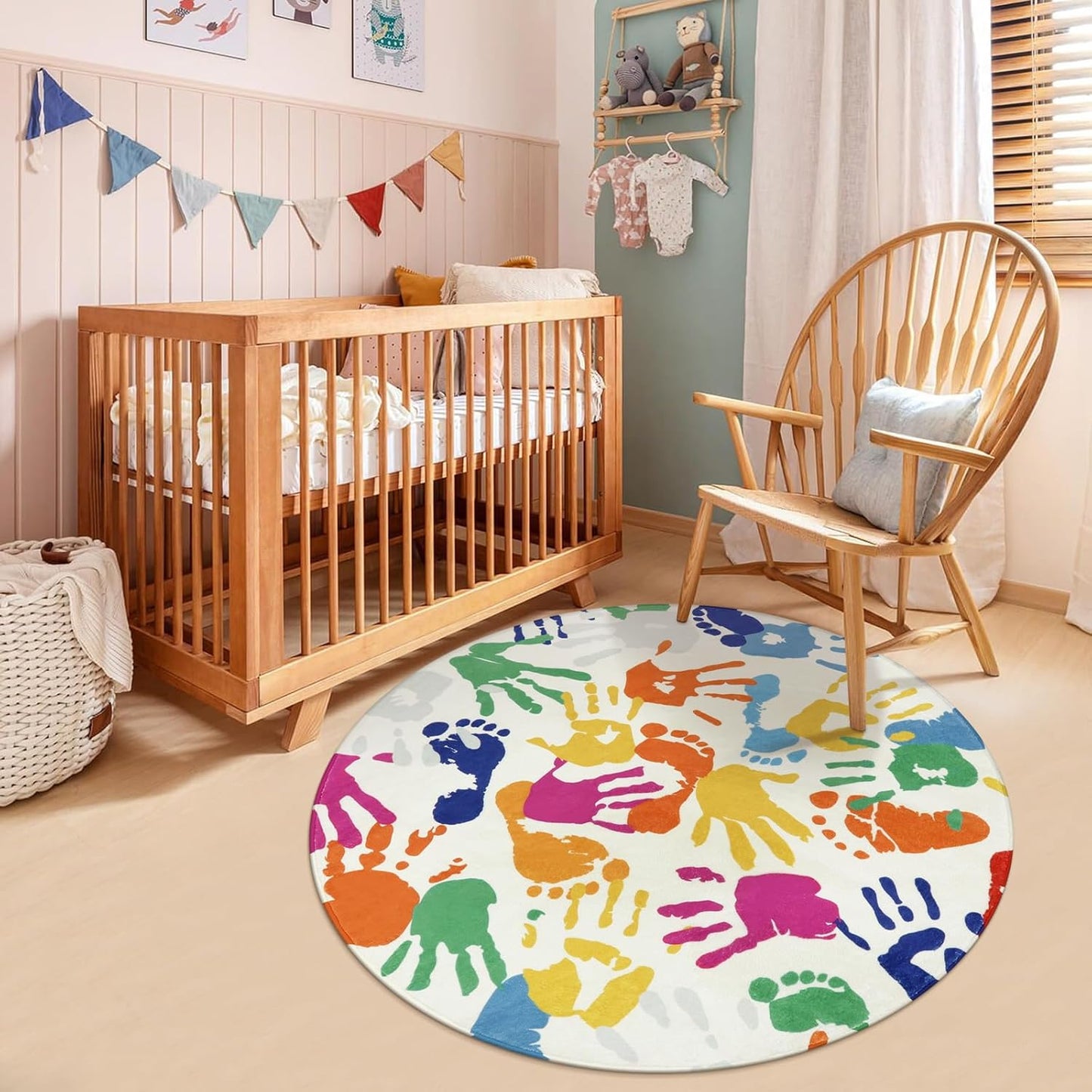 STARUIA Large Round Rug for Classroom 6 Ft, Colorful Circle Rug for Nursery, Washable Kids Rug for Playroom, Soft Circular Carpet Handprints and Footprints Play Mat for Kids Bedroom Toy Room