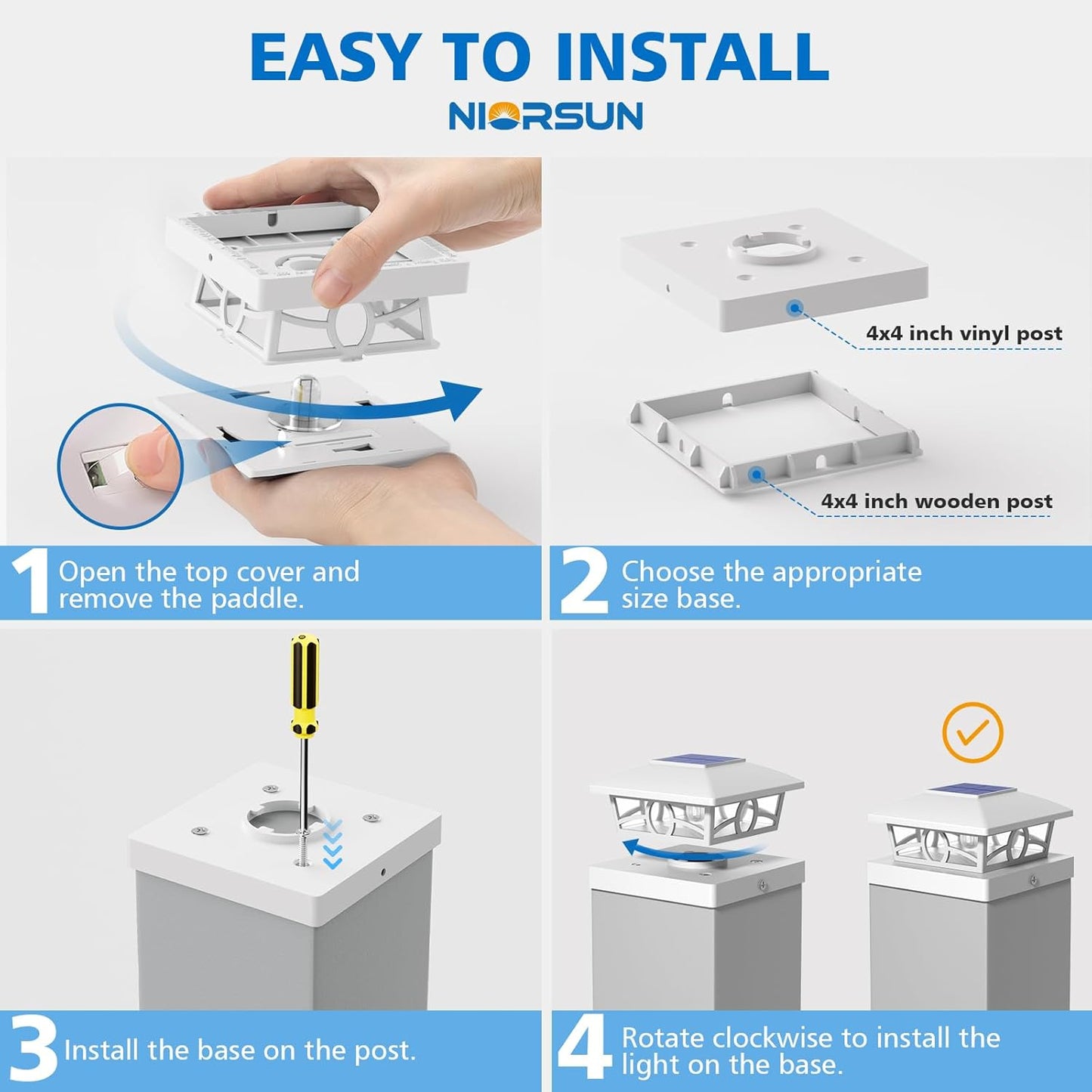 NIORSUN Solar Post Lights Outdoor, Fence Post Solar Lights Warm White Outdoor Waterproof Edison LED Bulbs Garden Patio Fence Deck Decor, Fence Post Caps 4x4 5x5 Wood Vinyl, White 8 Pack
