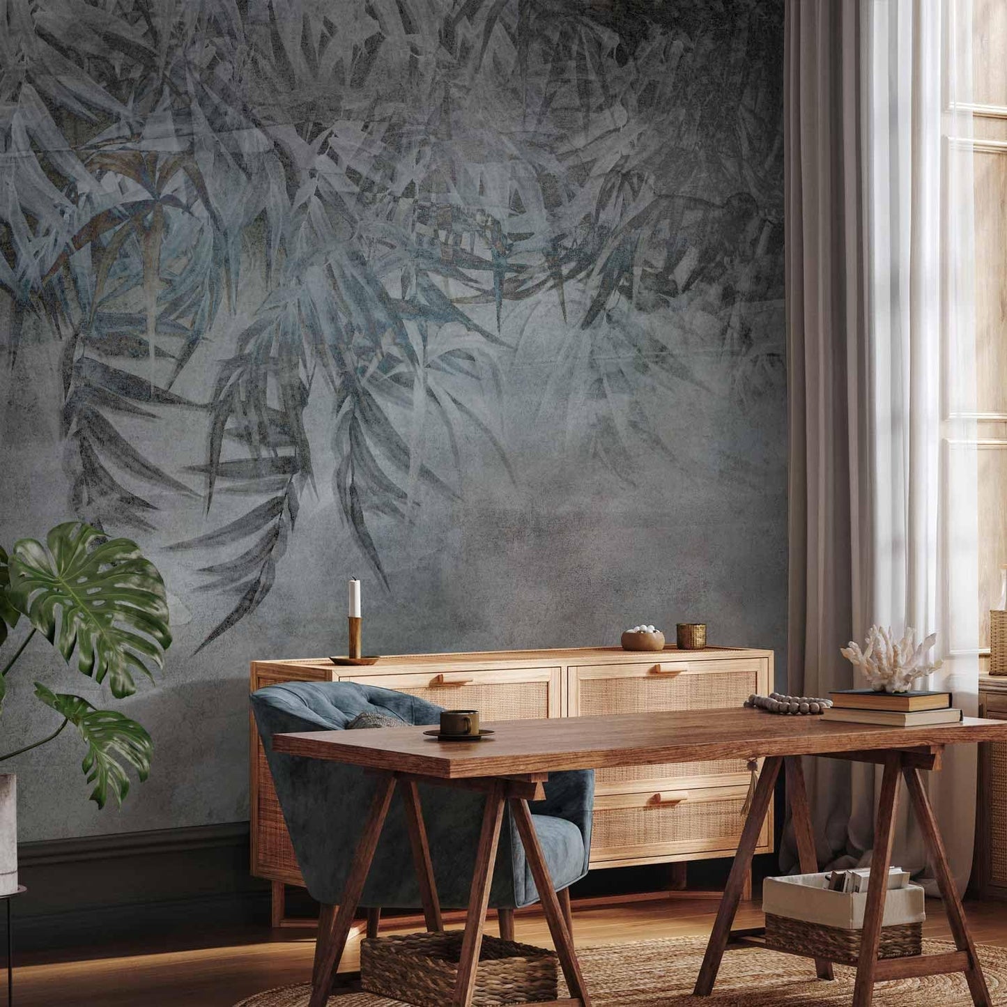 artgeist Premium Wall Mural Leaves 177x124 in - XXL Non-Woven Wallpaper Fleece Wall Decor Photo Print Picture Image Design Palm Leaves Concrete Nature Grey b-C-10103-a-a