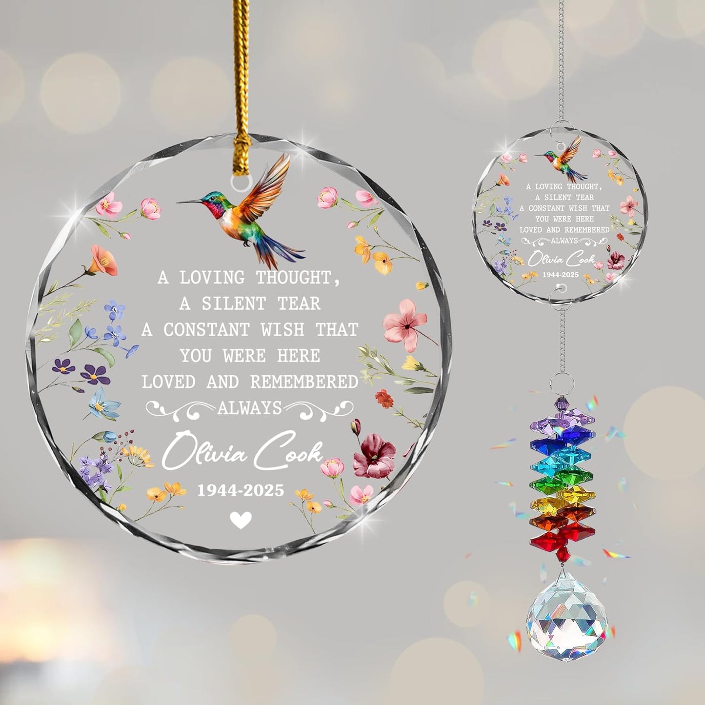 Personalized Memorial Hummingbird Glass Ornament – Custom Photo, Name, Birth Year & Passing Year – “Loved and Remembered Always” Memorial Keepsake for Loss of Loved One 2025