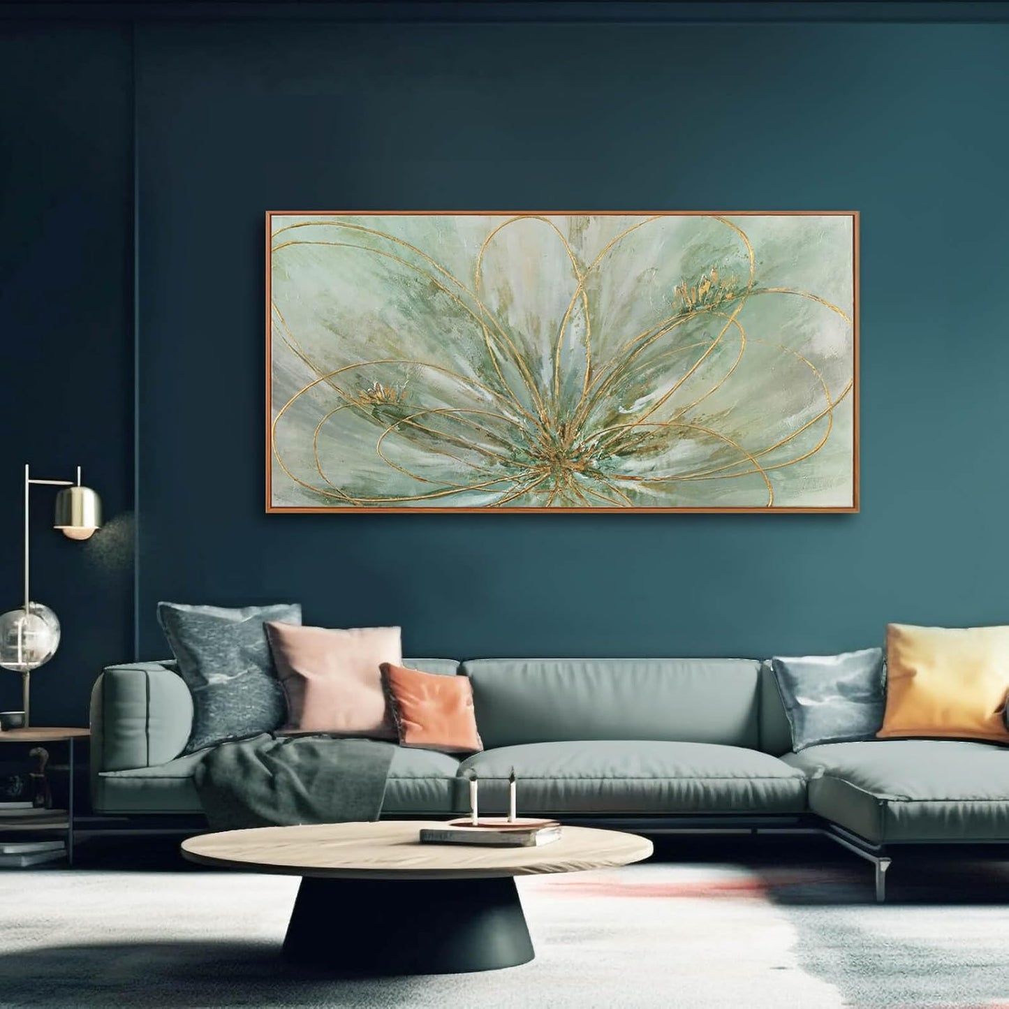 Framed Canvas Prints Gold Line Poster Abstract Wall Ar Green Pictures Wall Decor 29"x 58" Modern Artwork Large Wall Decorations for Living Room Home
