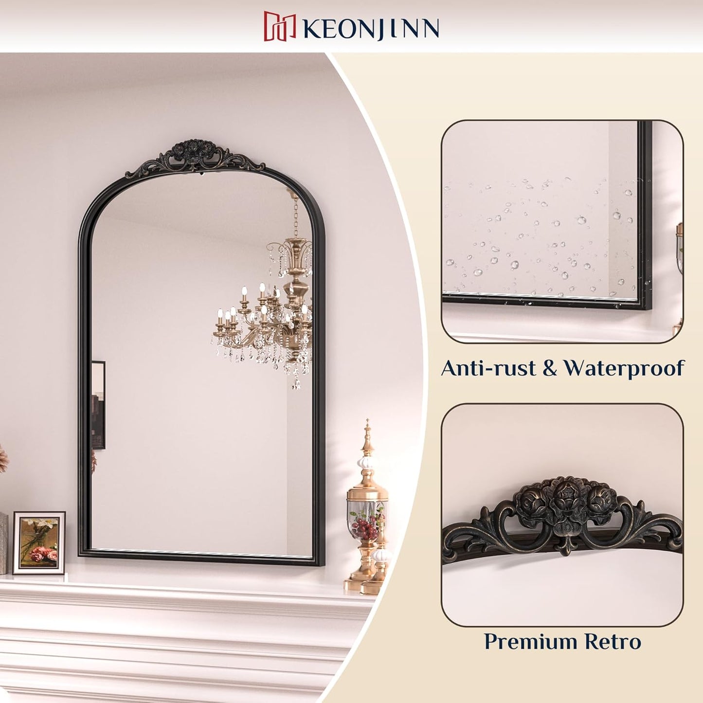 Keonjinn Arched Wall Mirror, 48" x 22" Vintage Mirror Full Length, Black Traditional Decoration Baroque Style, Ornate Mirrors for Hallway, Fireplace, French Cleat Mounting