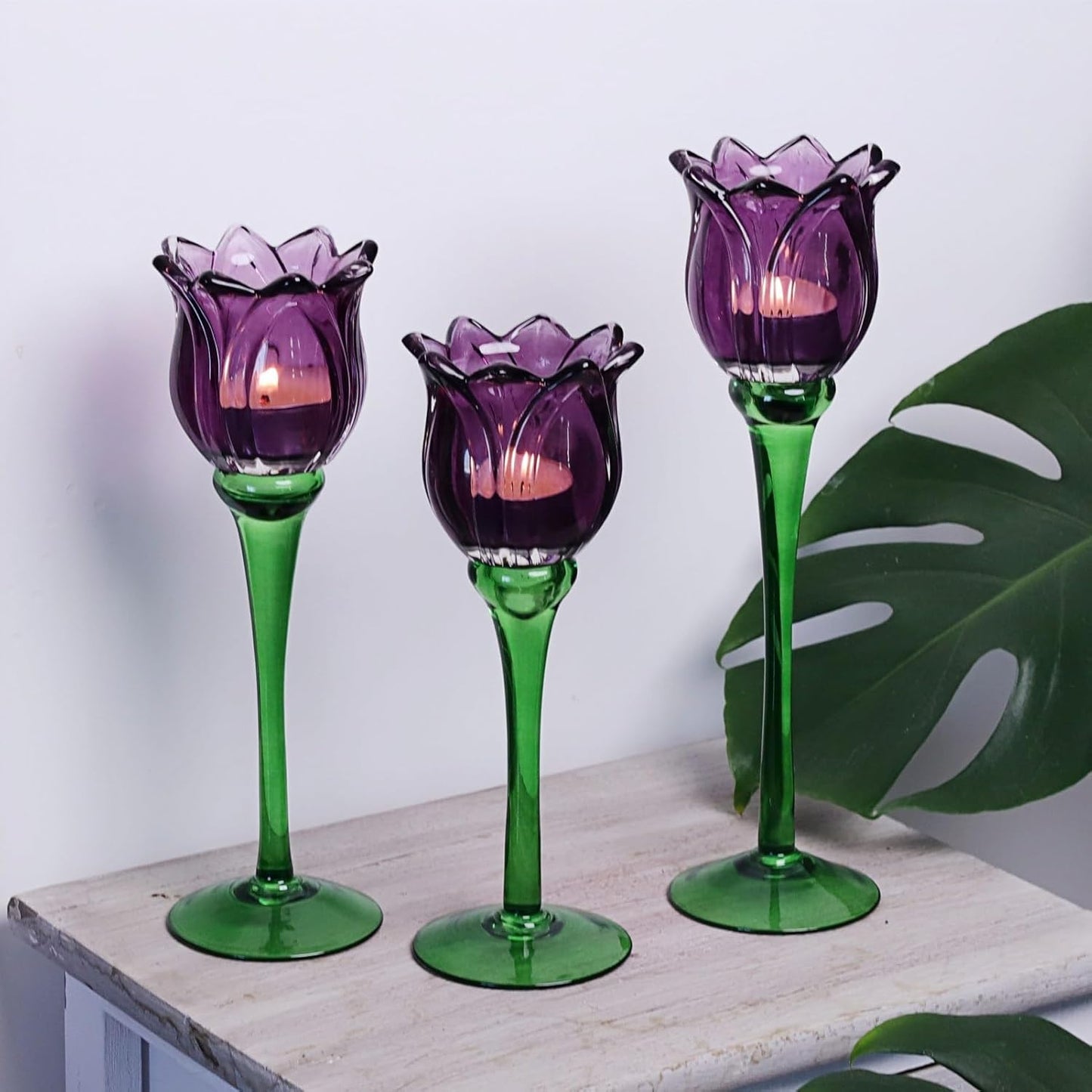 VOHO Purple Tulip Tealight Candle Holder Set of 3, Glass, Purple, Floral, Holidays, Wedding, Romance, Easter, Halloween, Thanksgiving, Christmas, Anniversary & Engagement, Tabletop, 3.15'' x 10.83''
