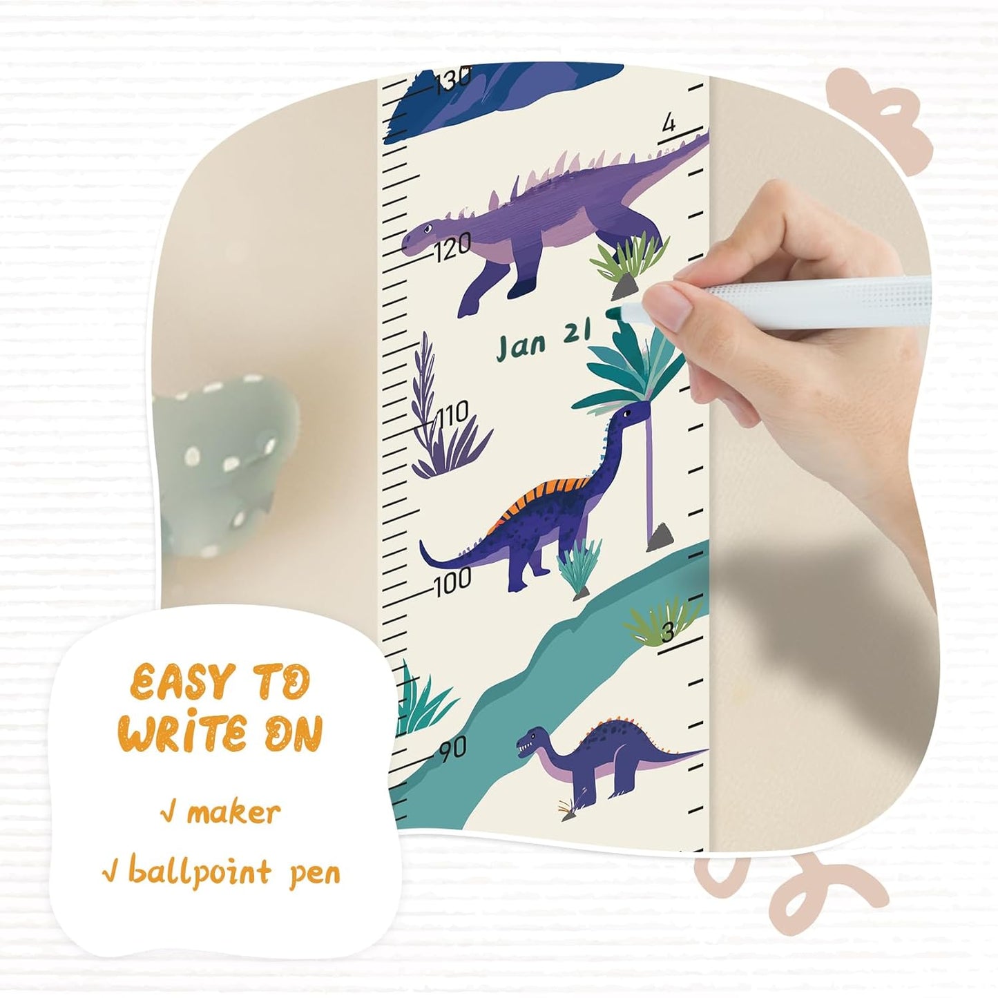 Personalized Name Growth Chart Wall Decor for Kids – Canvas Removable Height Chart Measuring Ruler 59" x 7.9" (Dinosaurs)