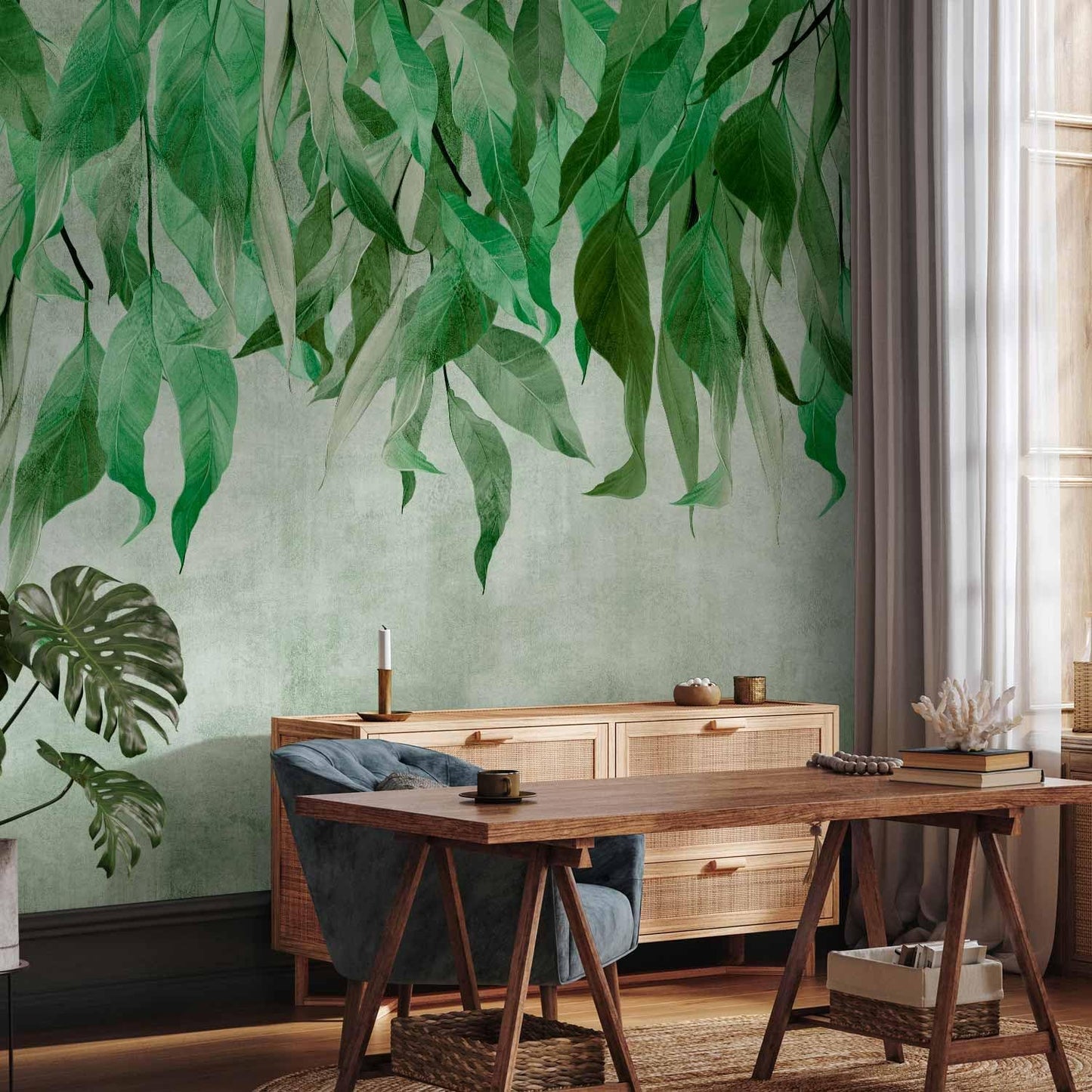 artgeist Premium Wall Mural Hanging Leaves 177x124 in - Non-Woven Wallpaper Fleece Wall Decor Photo Print Picture Image Design Nature Botanical Concrete Green Like Painted b-C-10146-a-a